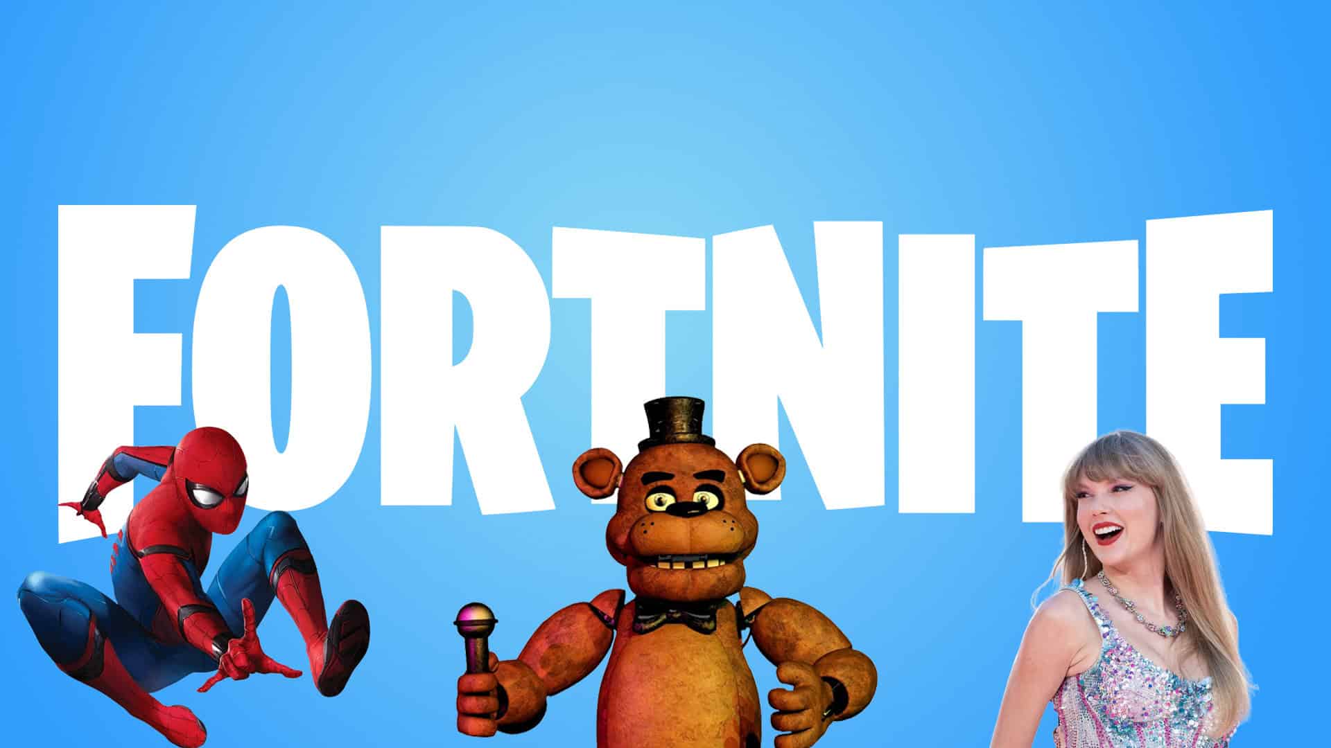 Fortnite logo with Spider-Man, Freddy Fazbear and Taylor Swift stood in front