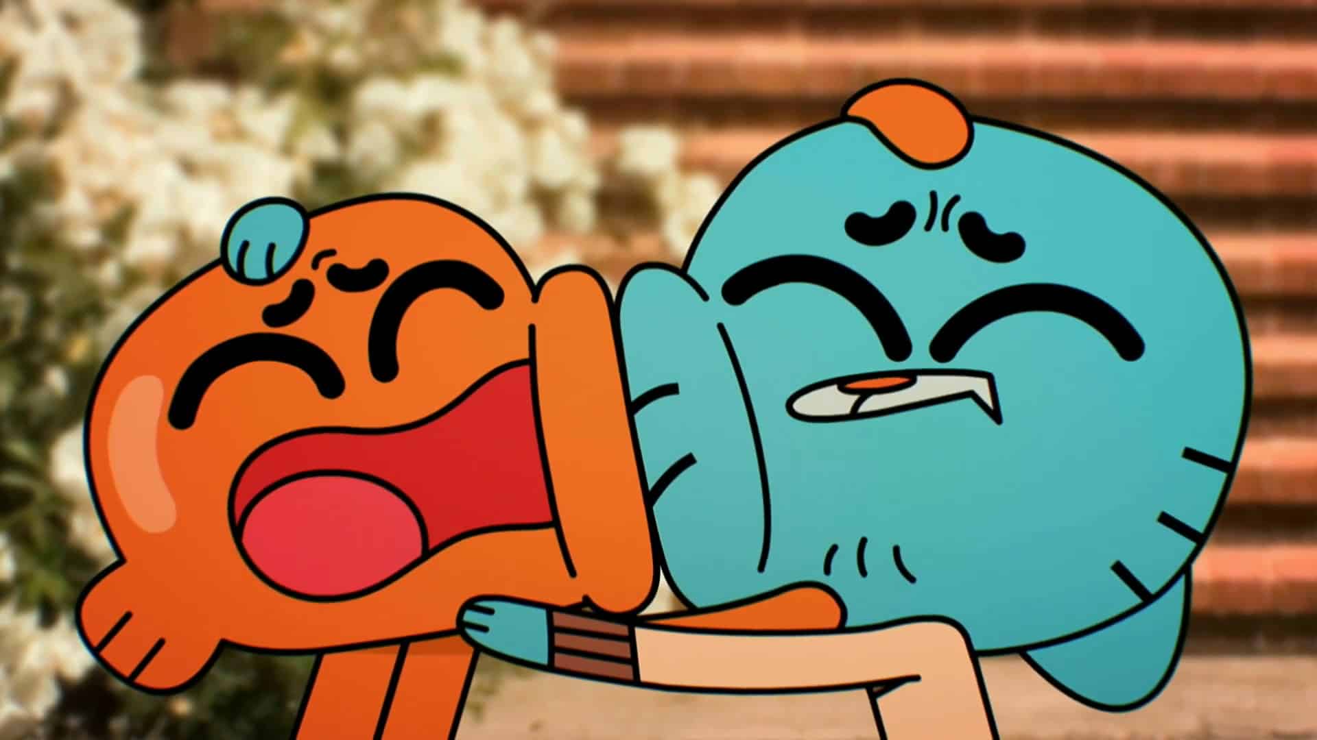 Gumball and Darwin with their cheeks stuck together