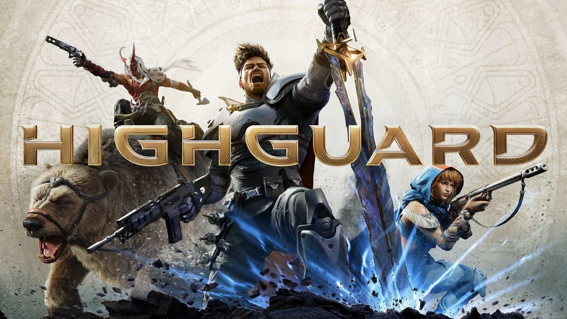 Highguard Key Art showing a team of three against a white and gold background. One of the team members is riding a bear.