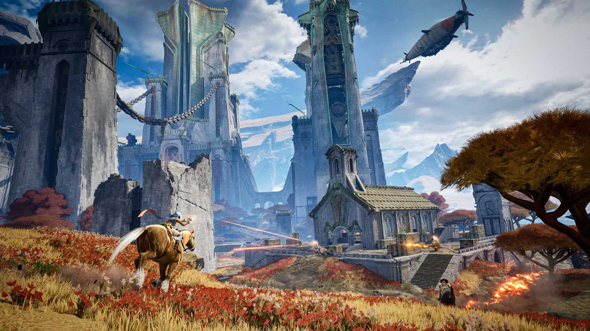 Highguard screenshot showing horseback gun combat in an orange and yellow field