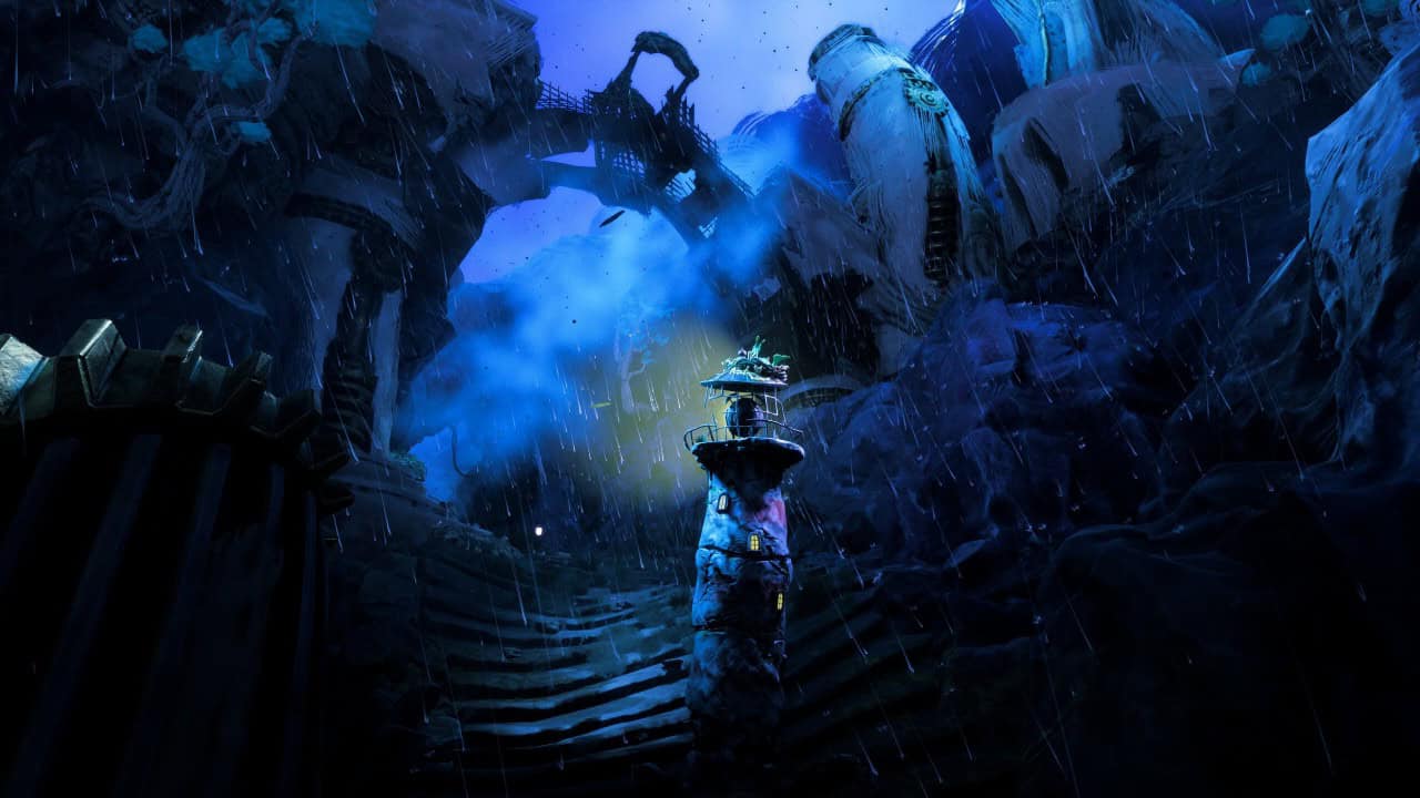 A lighthouse with legs approaches a dark gate.