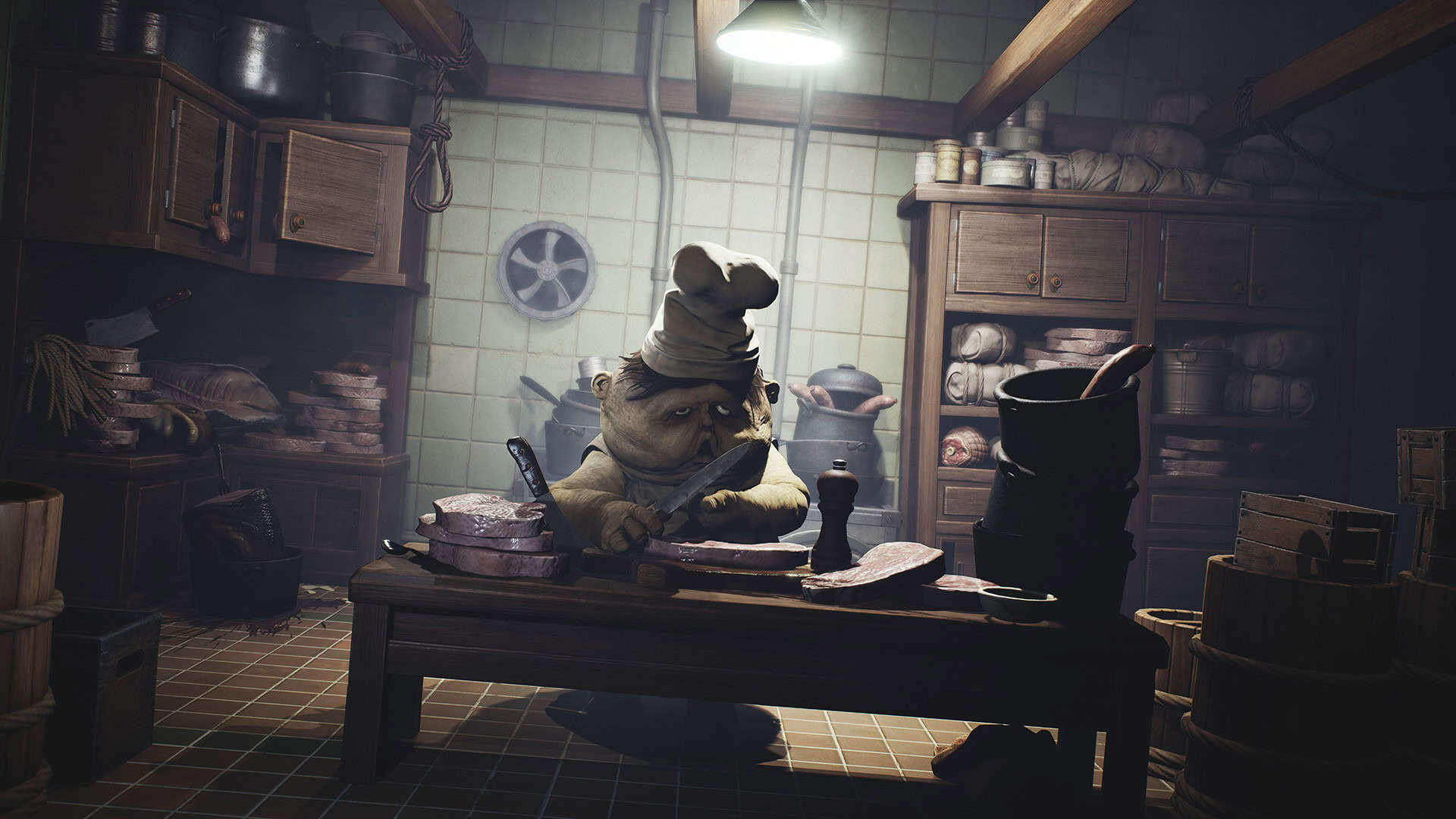 Six hiding from a monstrous chef in a kitchen