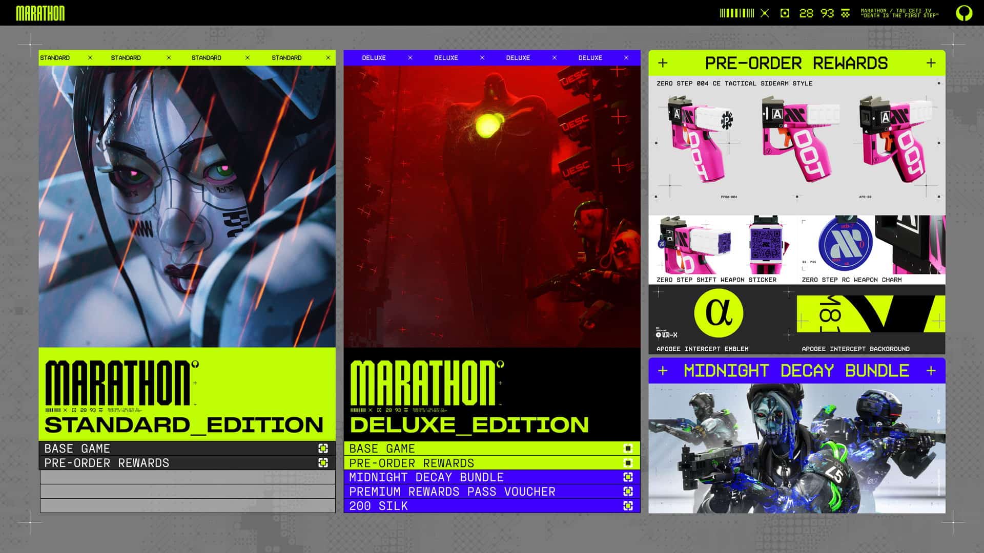 Marathon editions breakdown showing the Standard Edition, Deluxe Edition, pre-order rewards and the Midnight Decay bundle.