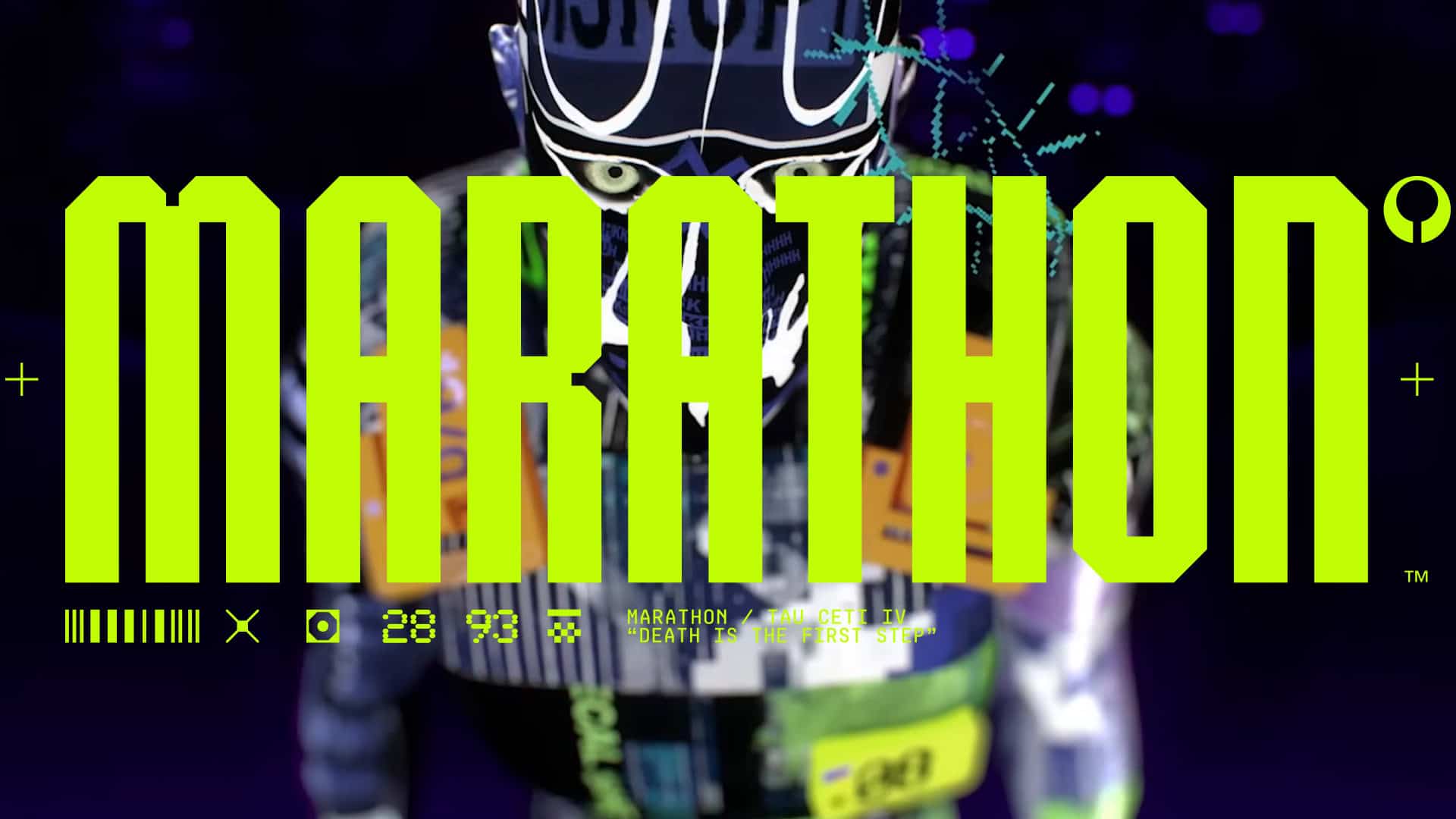 Marathon logo over artwork of a character with a glitching face
