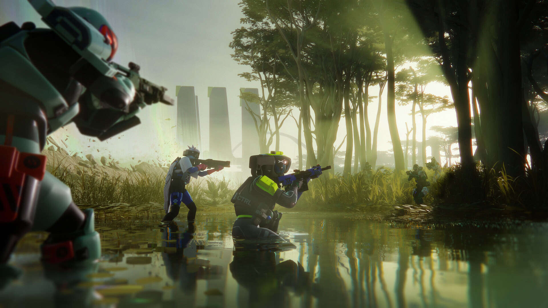 Marathon screenshot showing players stood in water and facing trees