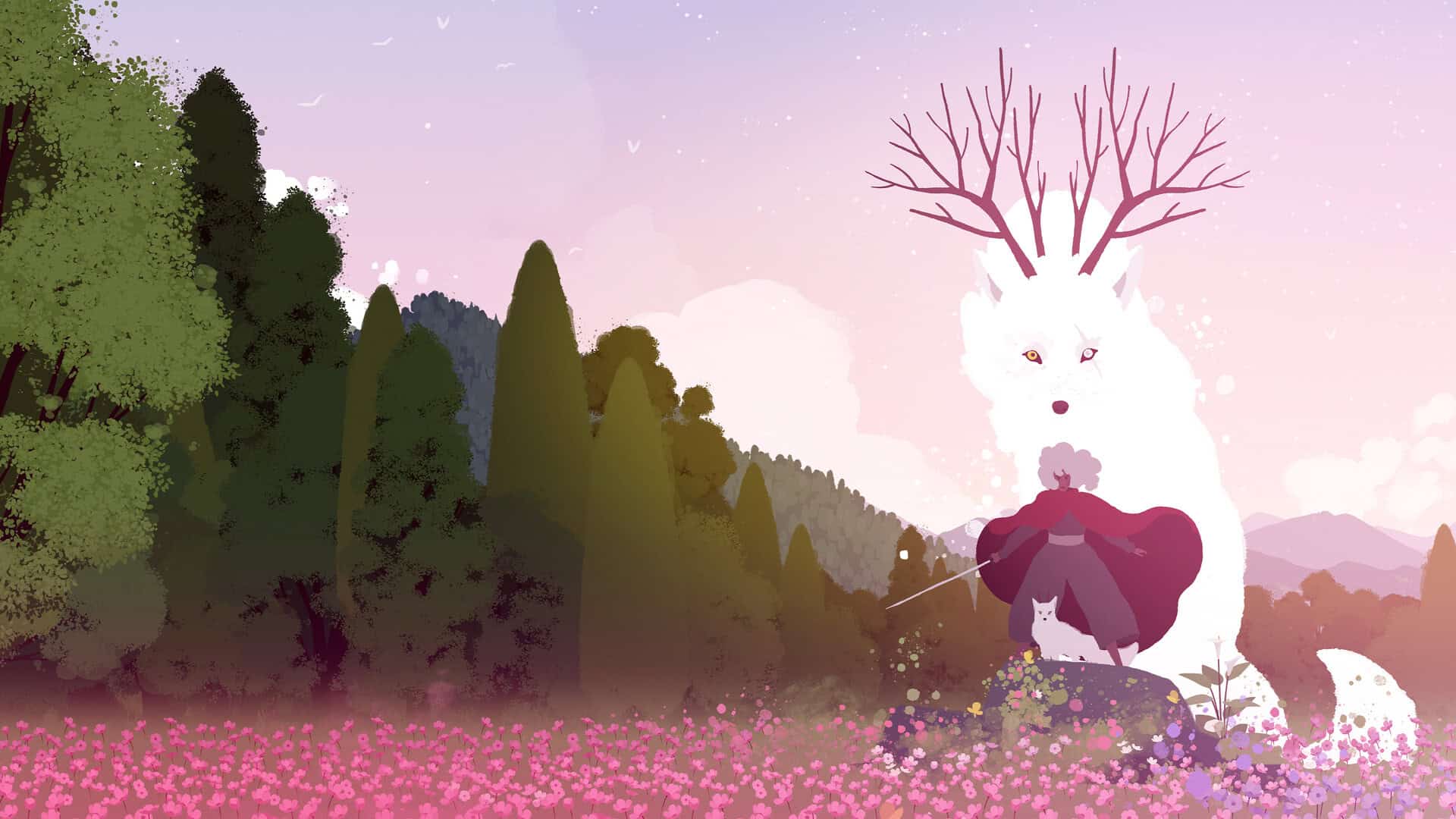A woman stands in front of a large wolf creature with antlers.