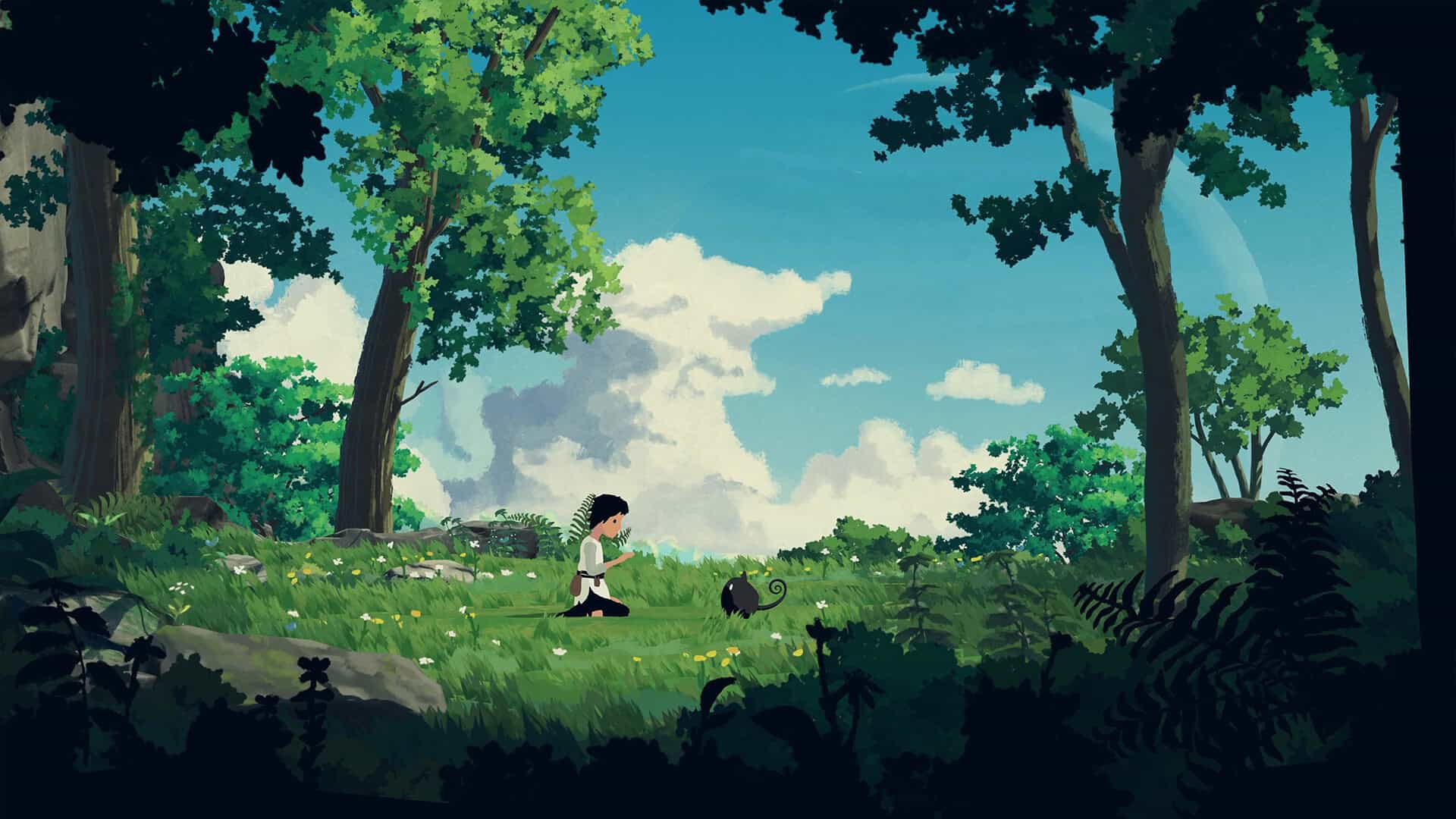 A young girl meets a cat in a green landscape