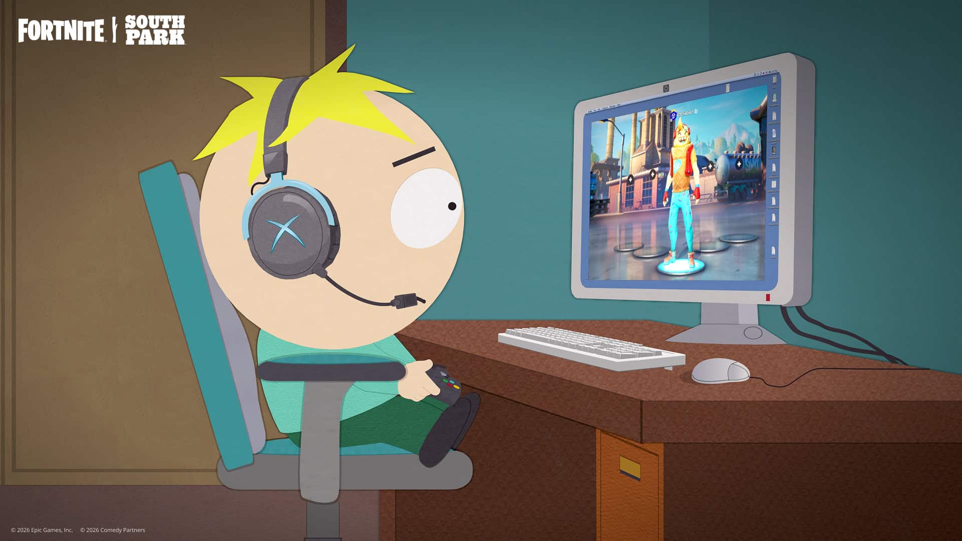 South Park Fortnite teaser image showing Butters playing Fortnite with a squad of five on screen.