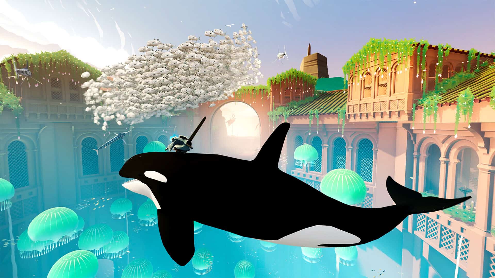 A small warrior rides an orca through the sky above a watery ruin.