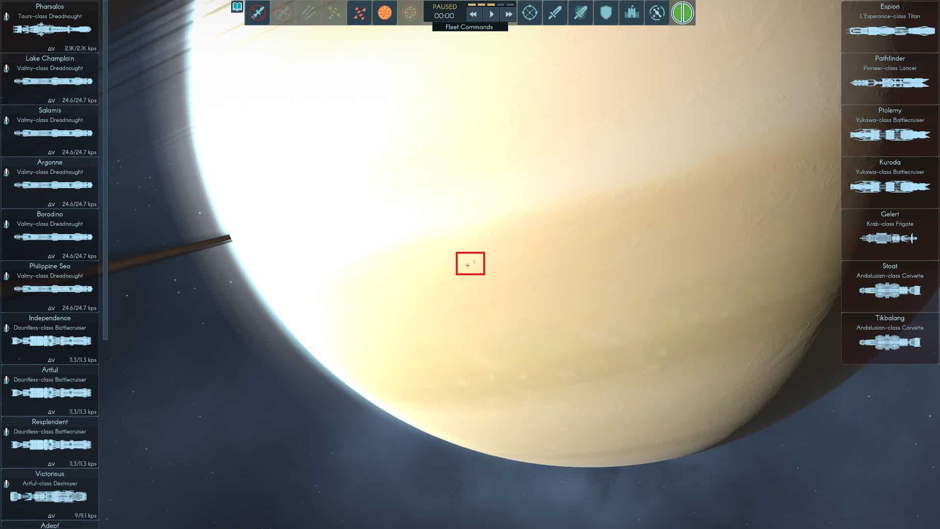 A picture of Saturn, with lists of ships on either side, and a small red box highlighting a certain area