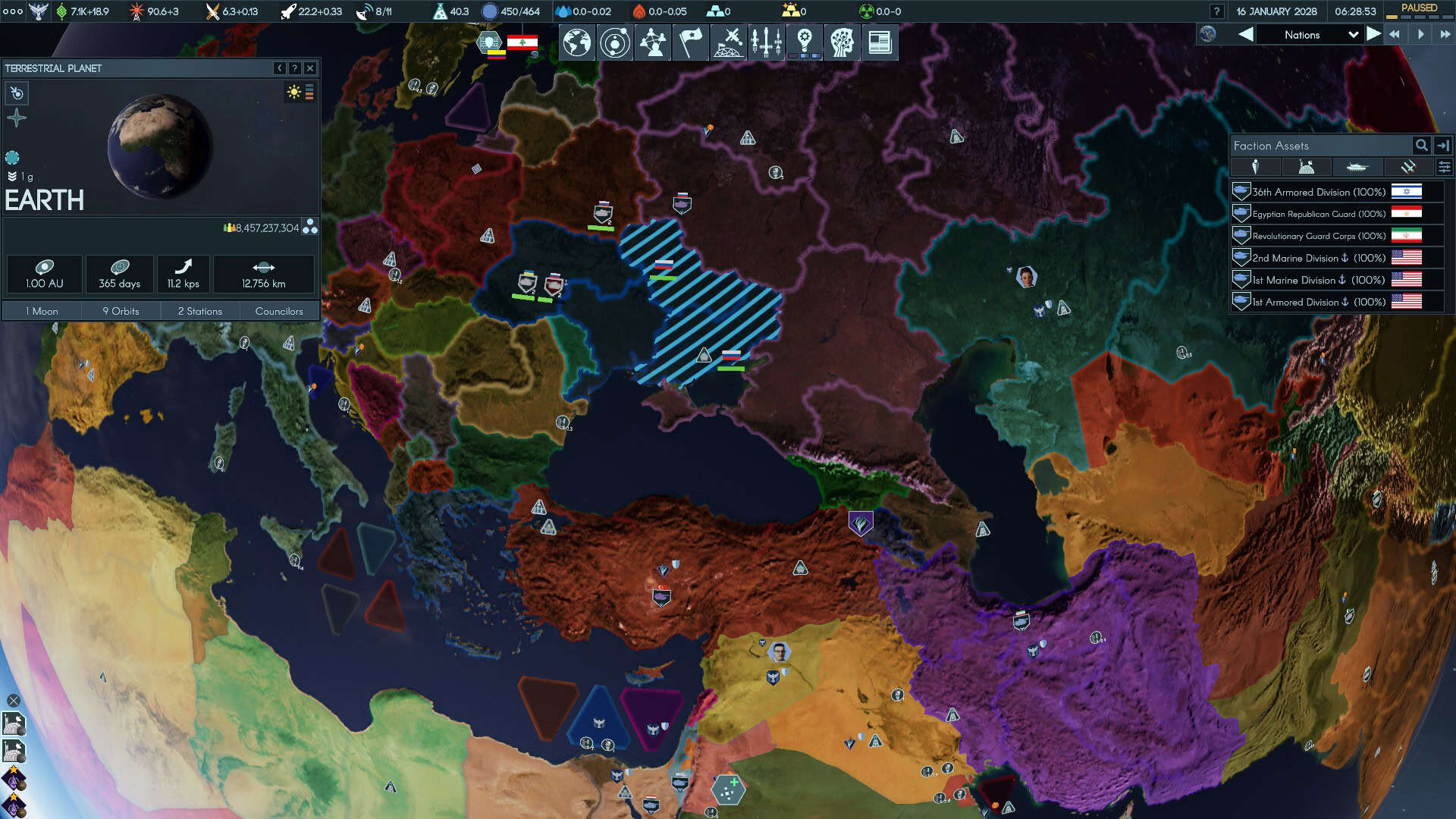 A geopolitical map of the Earth, centered over central Asia and the Middle East.