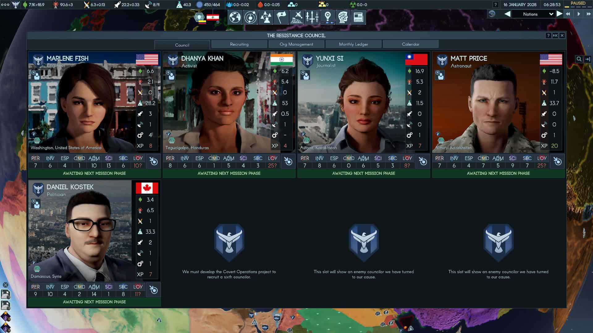 A collection of portraits representing the individuals who make up the player's "Council" in Terra Invicta