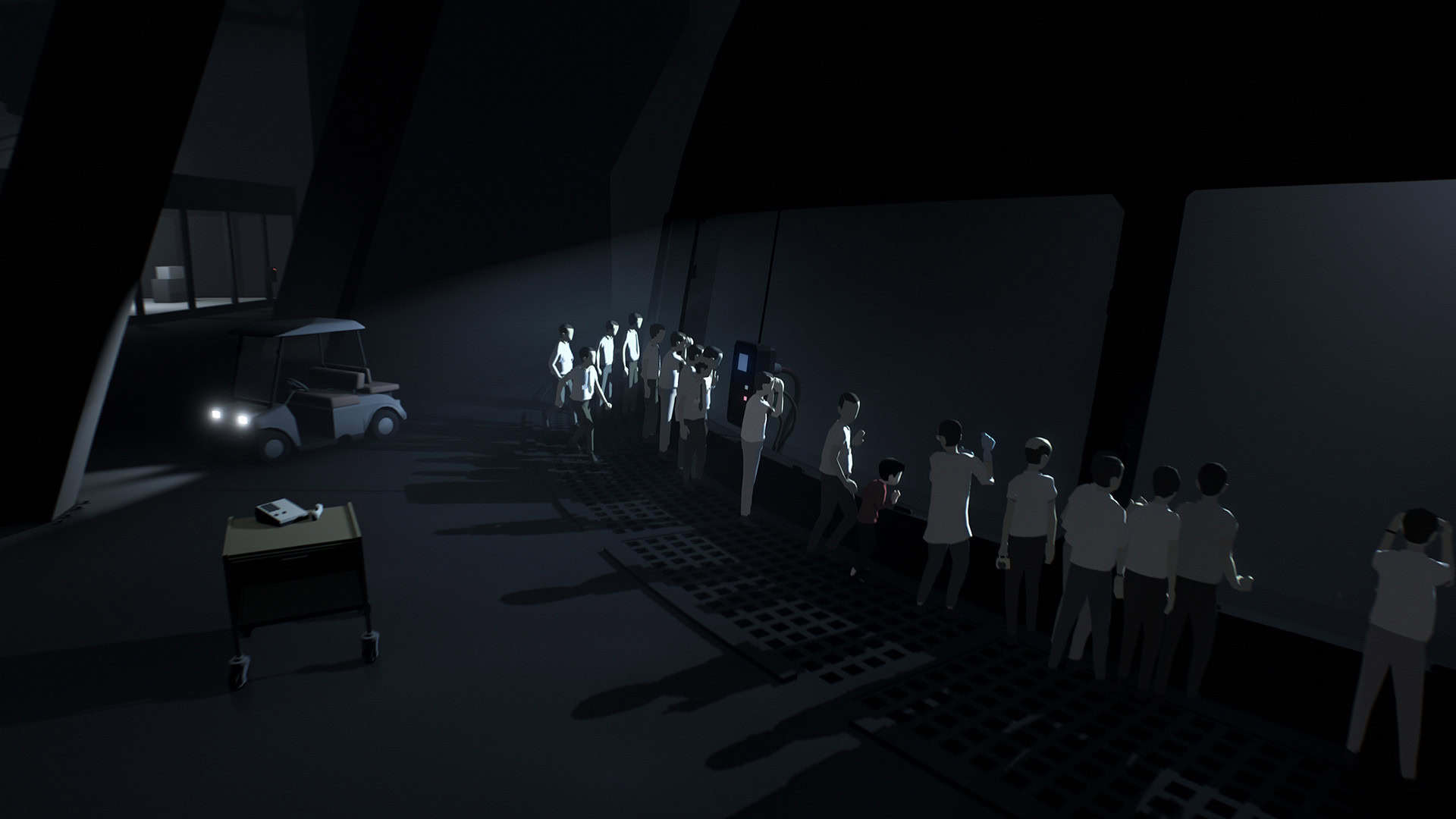 Many workers in an office watch something through a glass partition.
