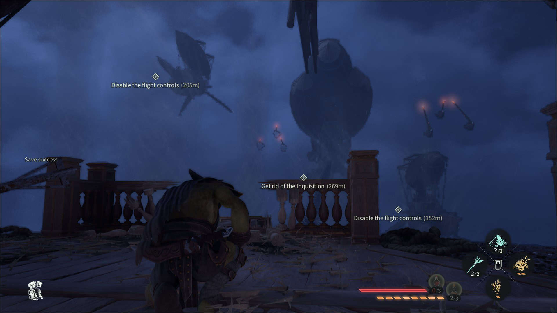 Styx looking out towards three zeppelins in the sky, with objective markers on them