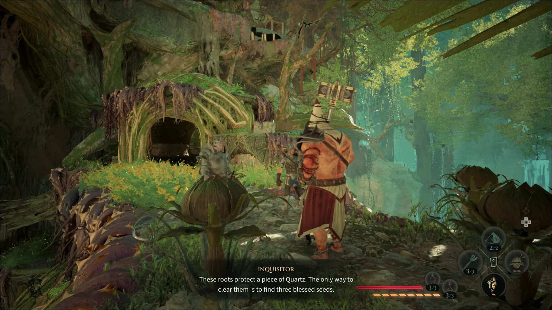 Guards talking about three magic seeds that will unlock the path to the quartz