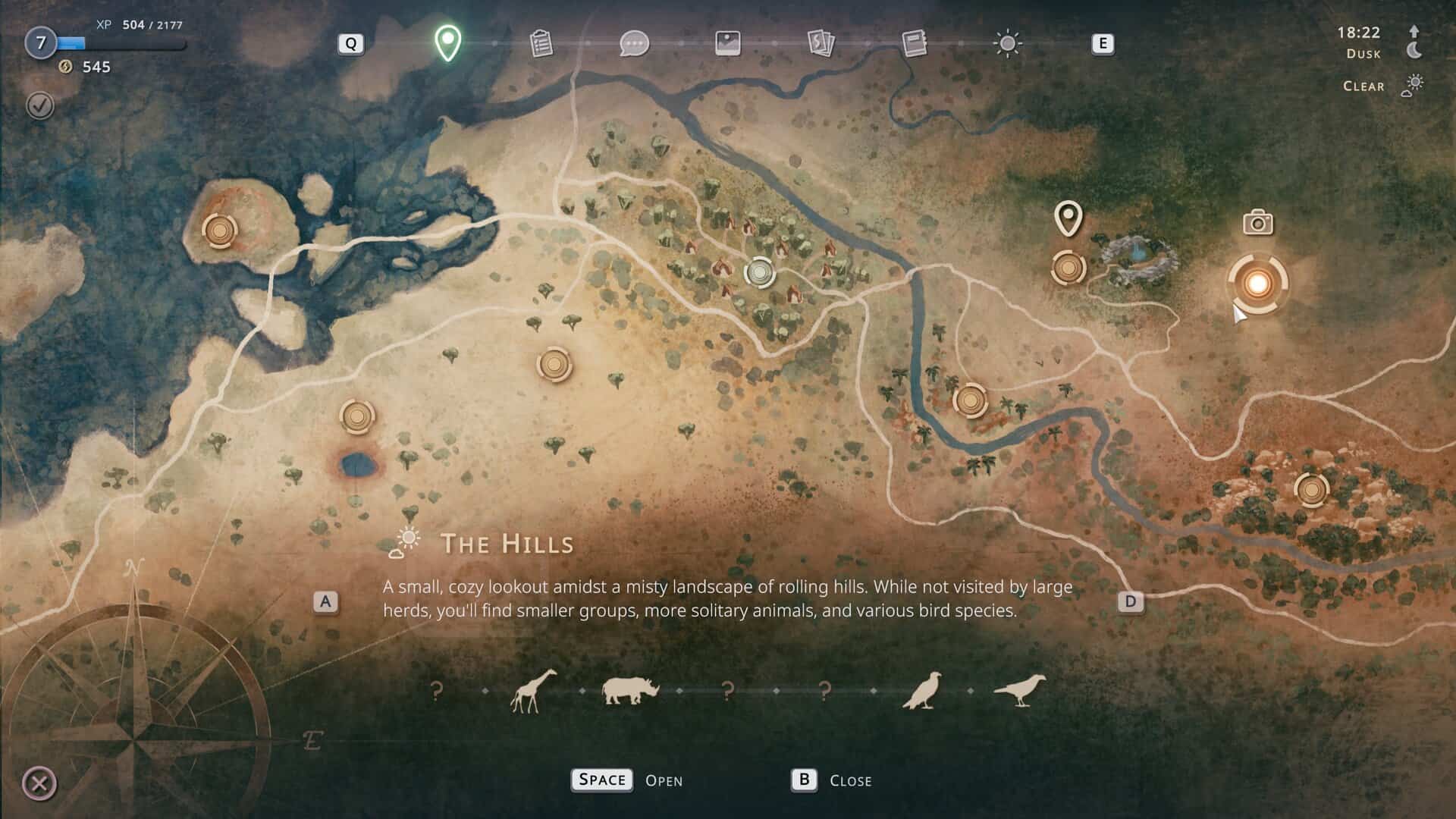 A map showing different biomes you can travel to.