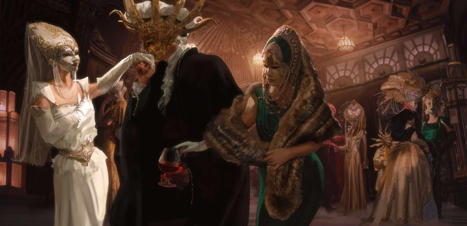 A number of richly dressed individuals at a masquerade ball