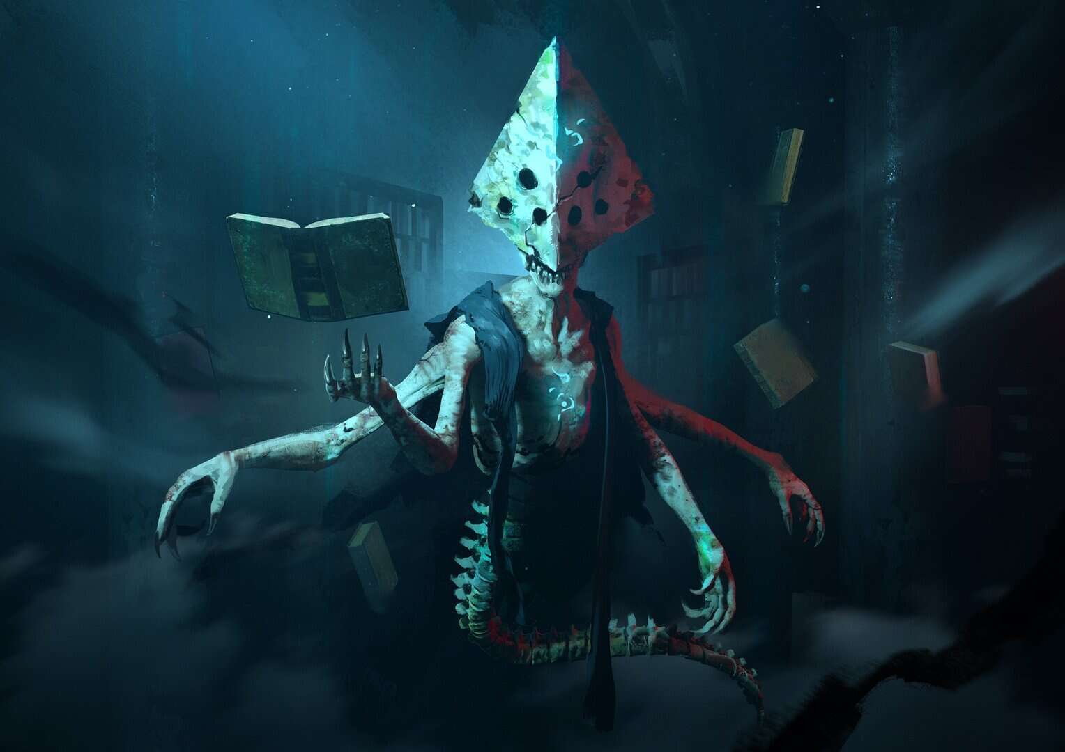 A creature with a pyramidal head, multiple eyes, and multiple limbs with a book floating over one hand