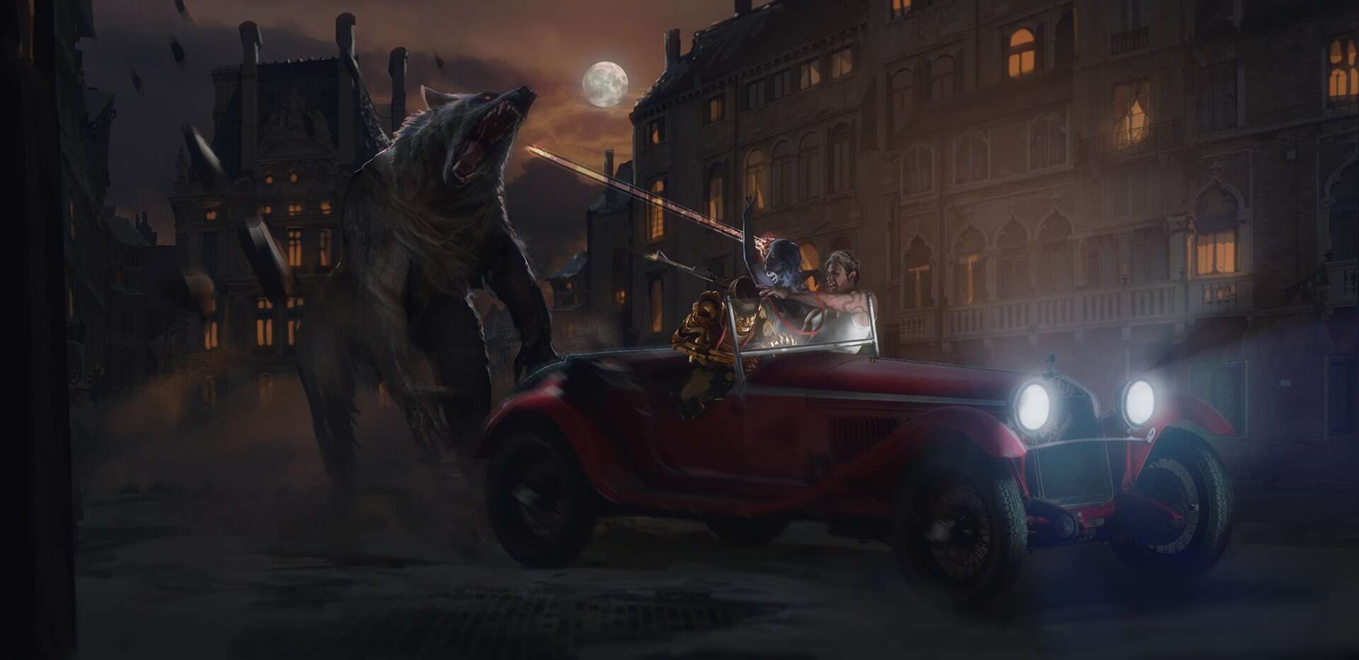 A large wolf-like creature chasing a car, one of the passengers shooting at it