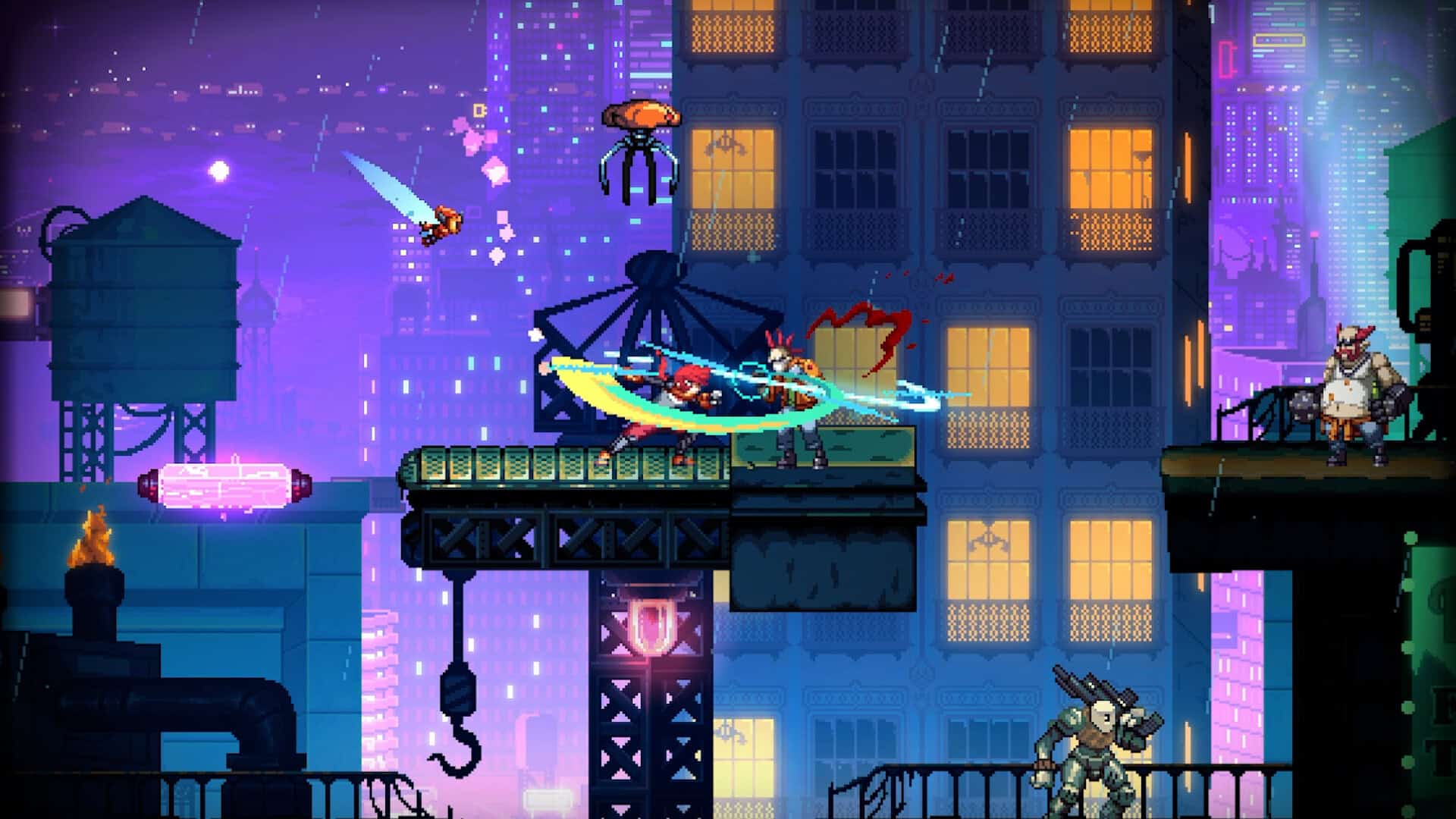 Alma fighting enemies among skyscrapers