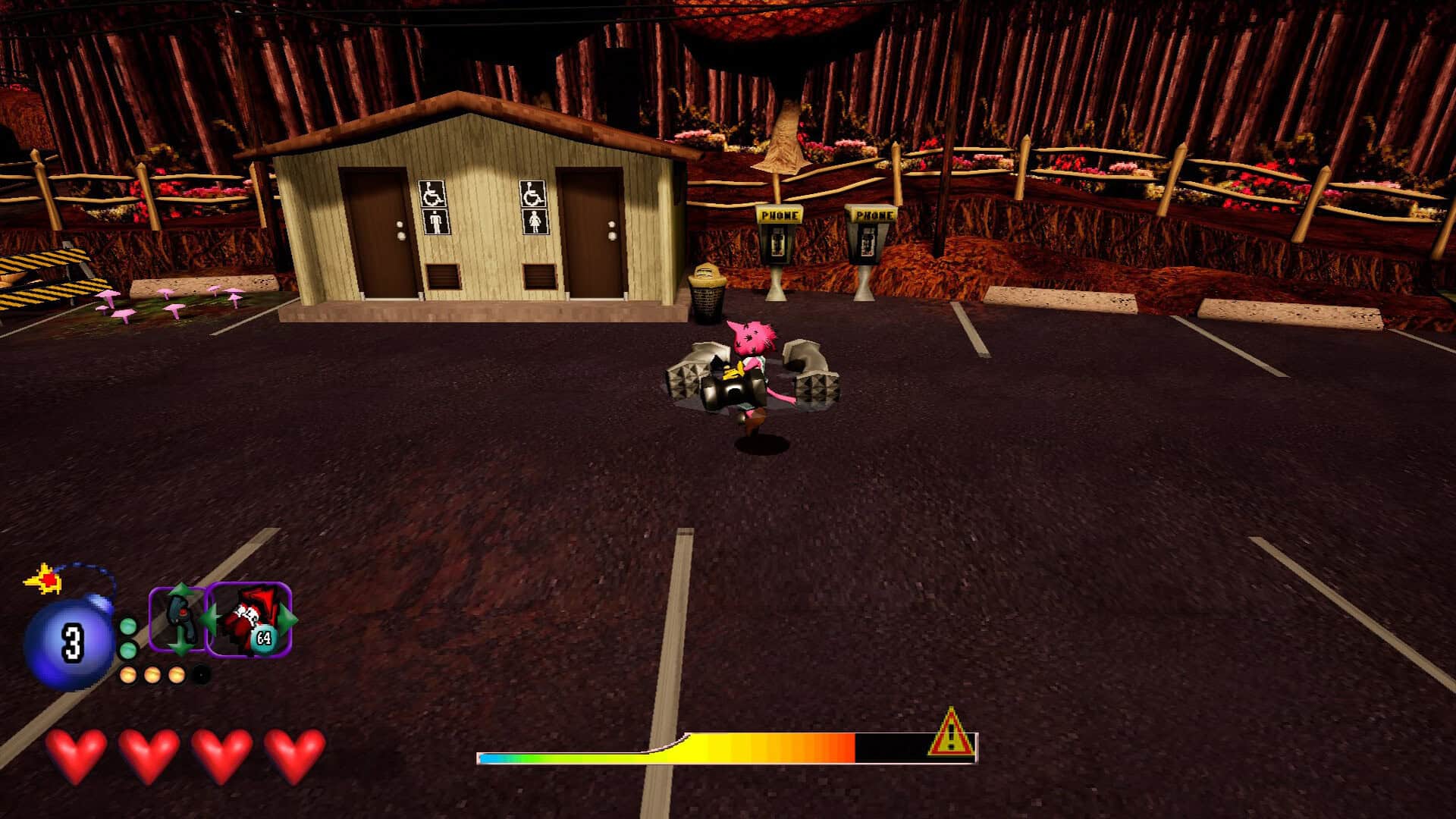A pink cat spinning with a hammer in the middle of some woods, in front of a toilet building