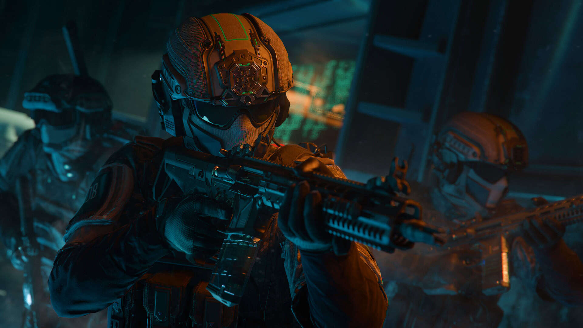 Call of Duty Black Ops 7 screenshot showing a soldier aiming down an assault rifle in a dark room