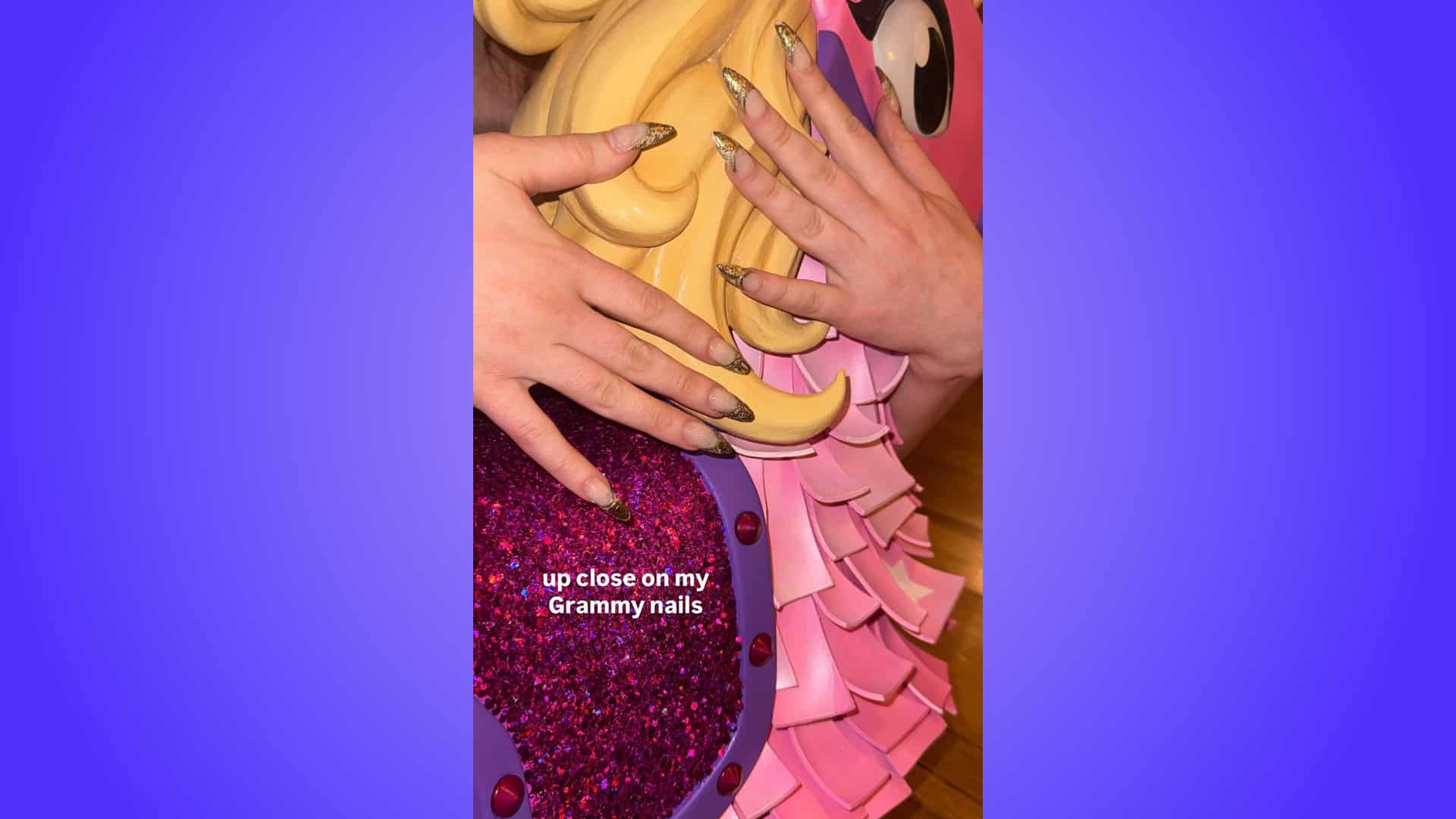 Chappell Roan Fortnite instagram story showing her nails holding a pink pony-llama with a hat on from Fortnite