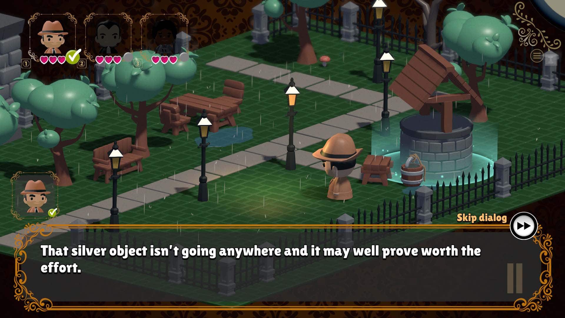 Staying outside the garden well in Clue: Murder By Death.