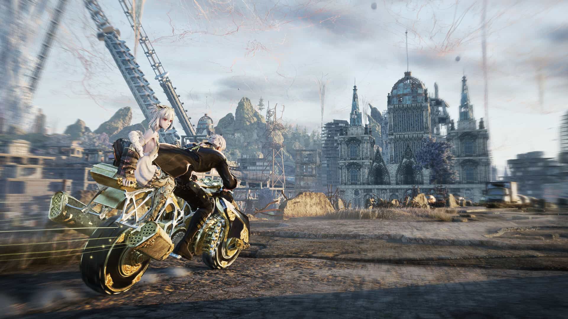 Code Vein II screenshot of two characters on a motorbike headed towards a city