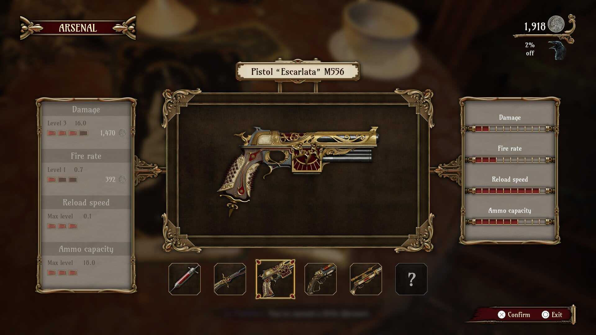 A screenshot of the weapon upgrade screen in Crisol: Theater of Idols