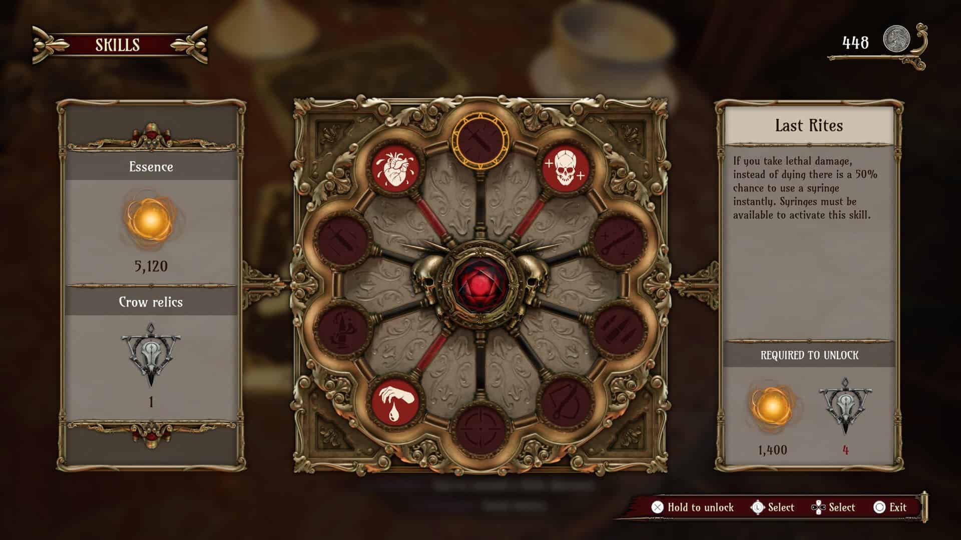 A screenshot of the skills screen in Crisol: Theater of Idols