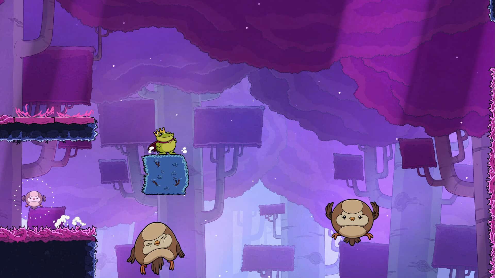 A frog in a crown standing on a platform above some owls