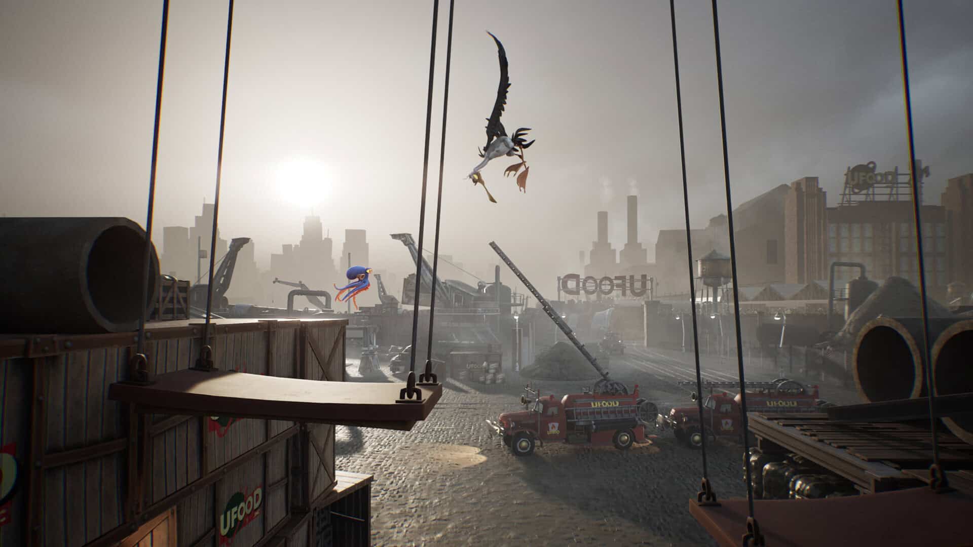 Darwin the octopus jumping while being hunted by a seagull