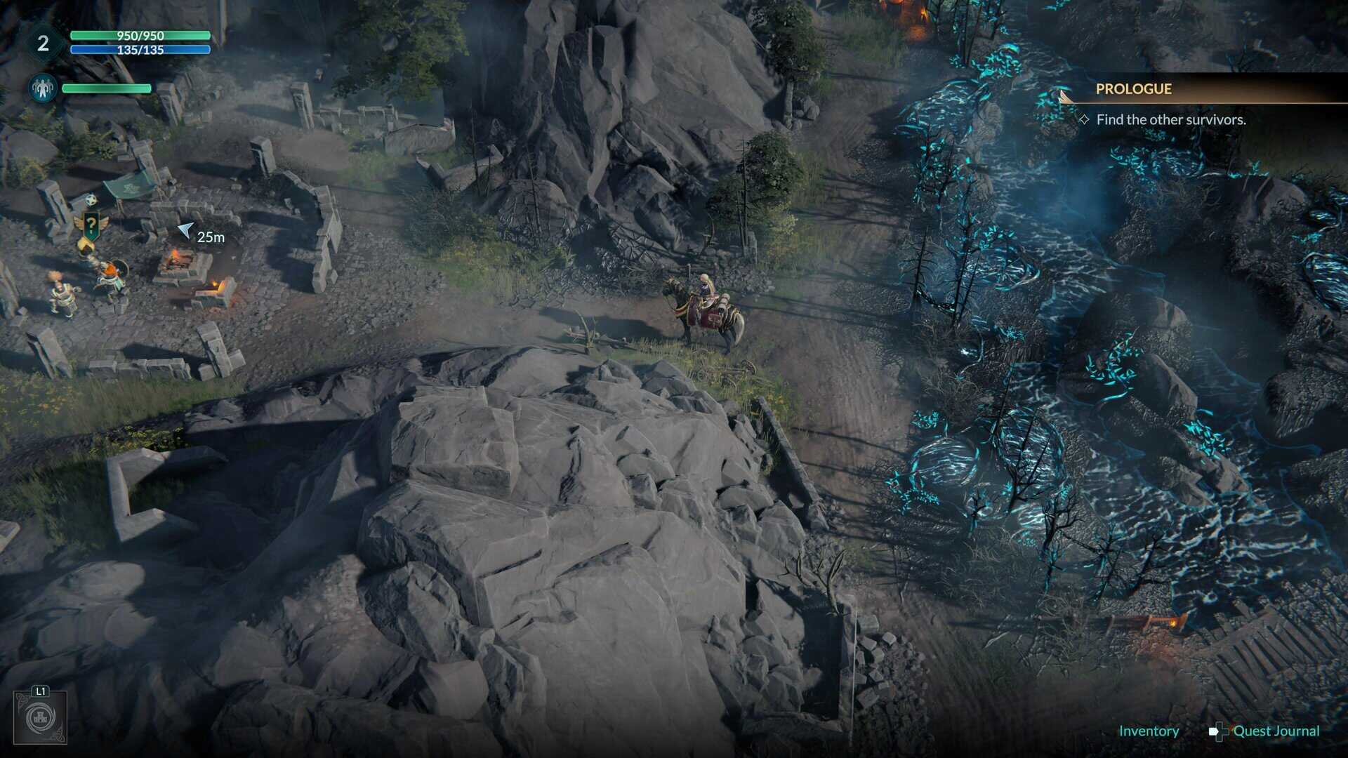 A woman on horseback in a mountainous area; nearby, a group of dwarves are camped in ruins near a fire