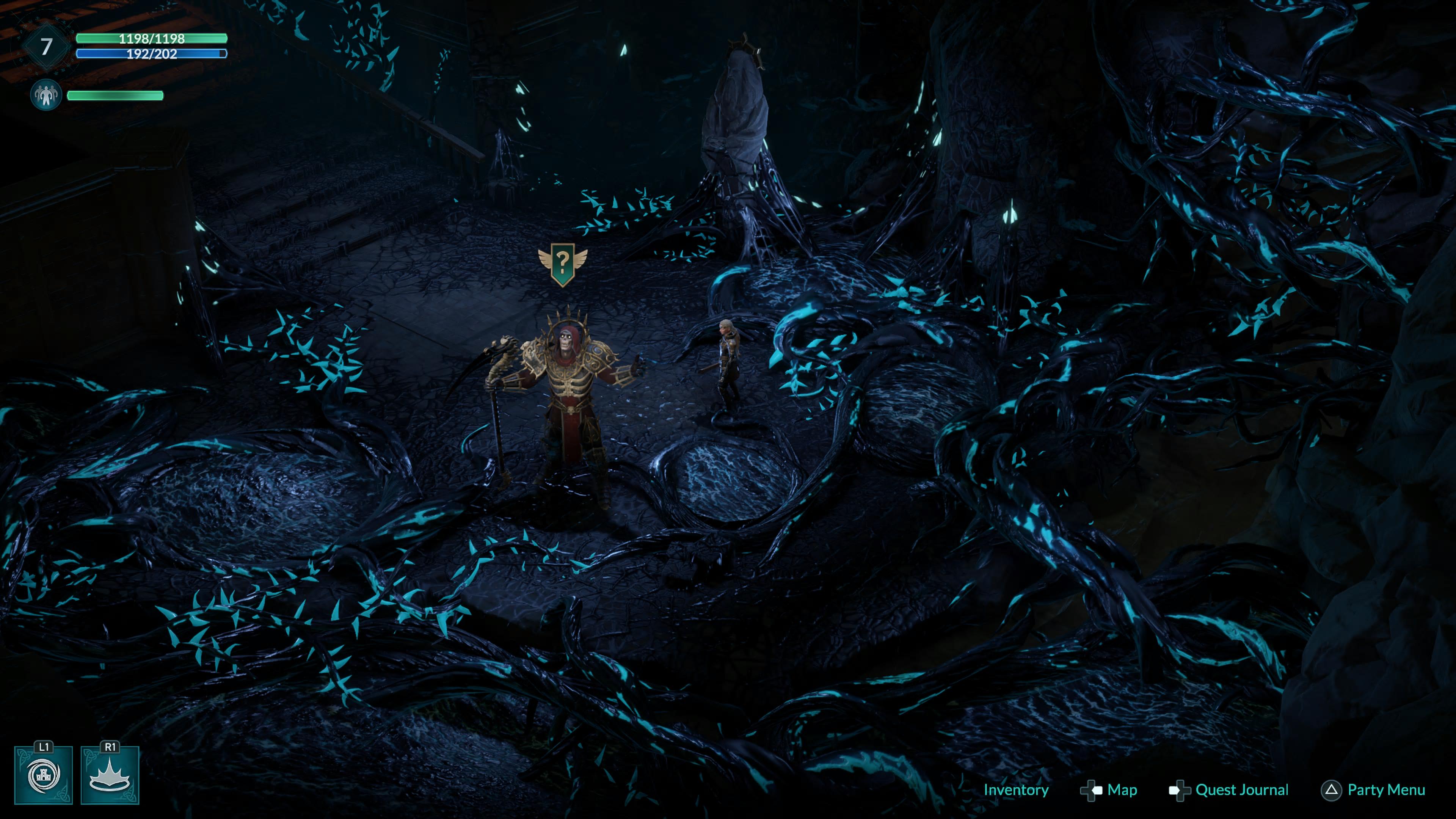A female warrior standing near a larger skeleton warrior in a cave