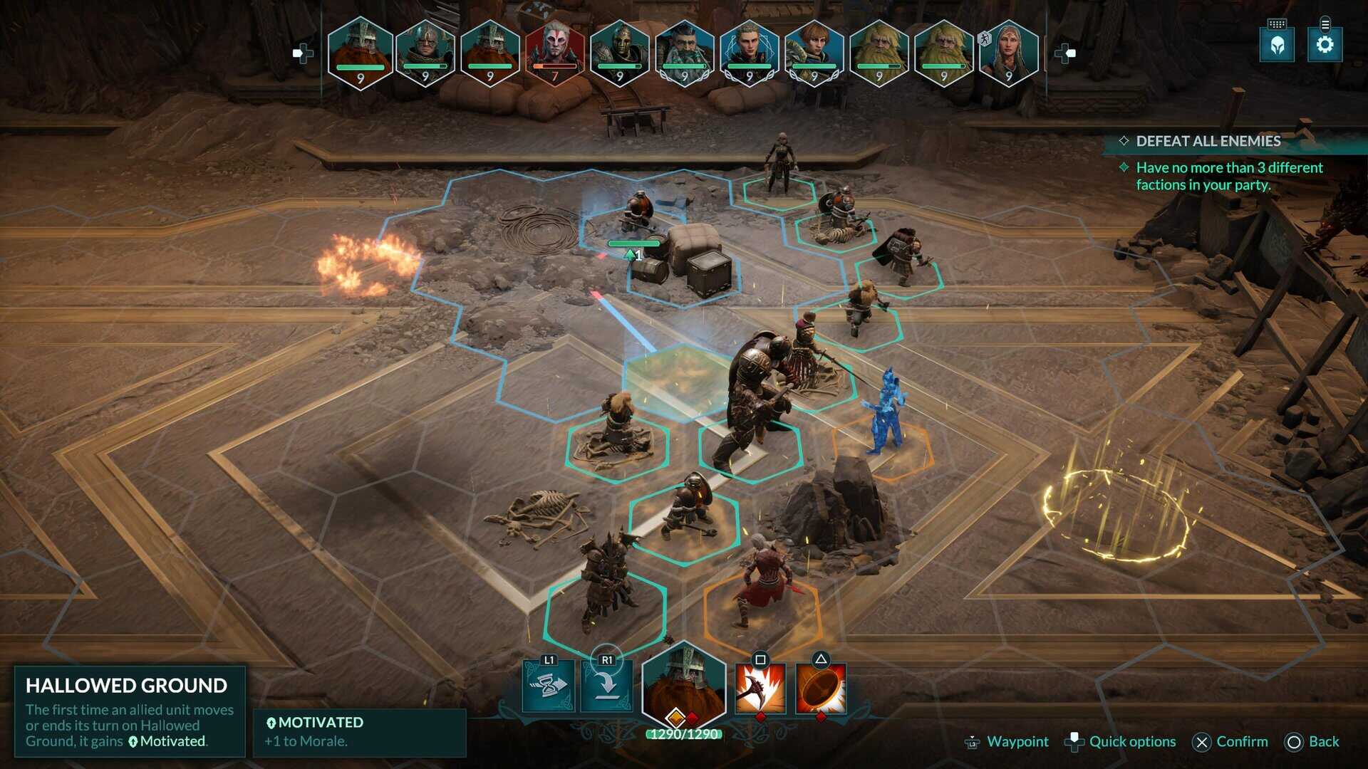 A tactical map showing several fantasy creatures positioned for combat; the currently highlighted unit is a dwarf with a indication of his movement range