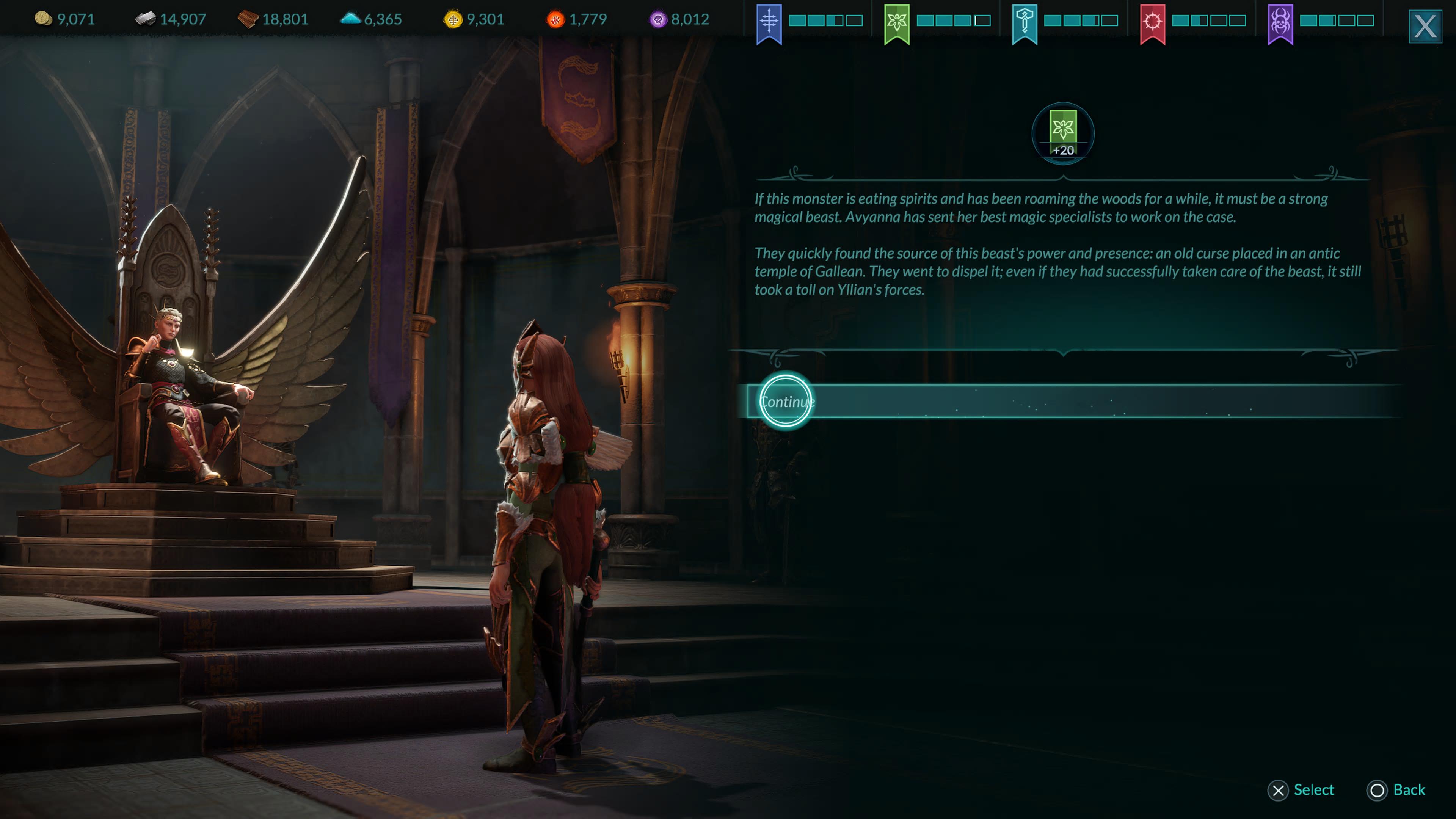 A woman standing in front of a throne, speaking to a queen; there is a text block describing the outcome of a policy decision