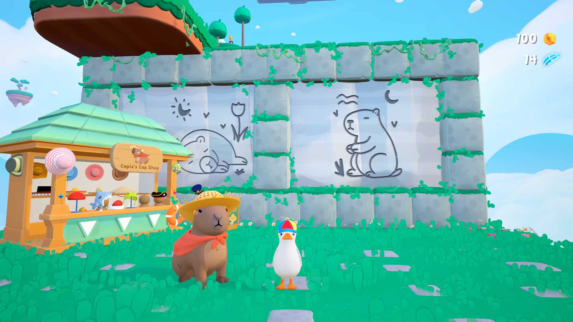 A duck and a Capybara looking into the screen in front of a wall with capybara drawings