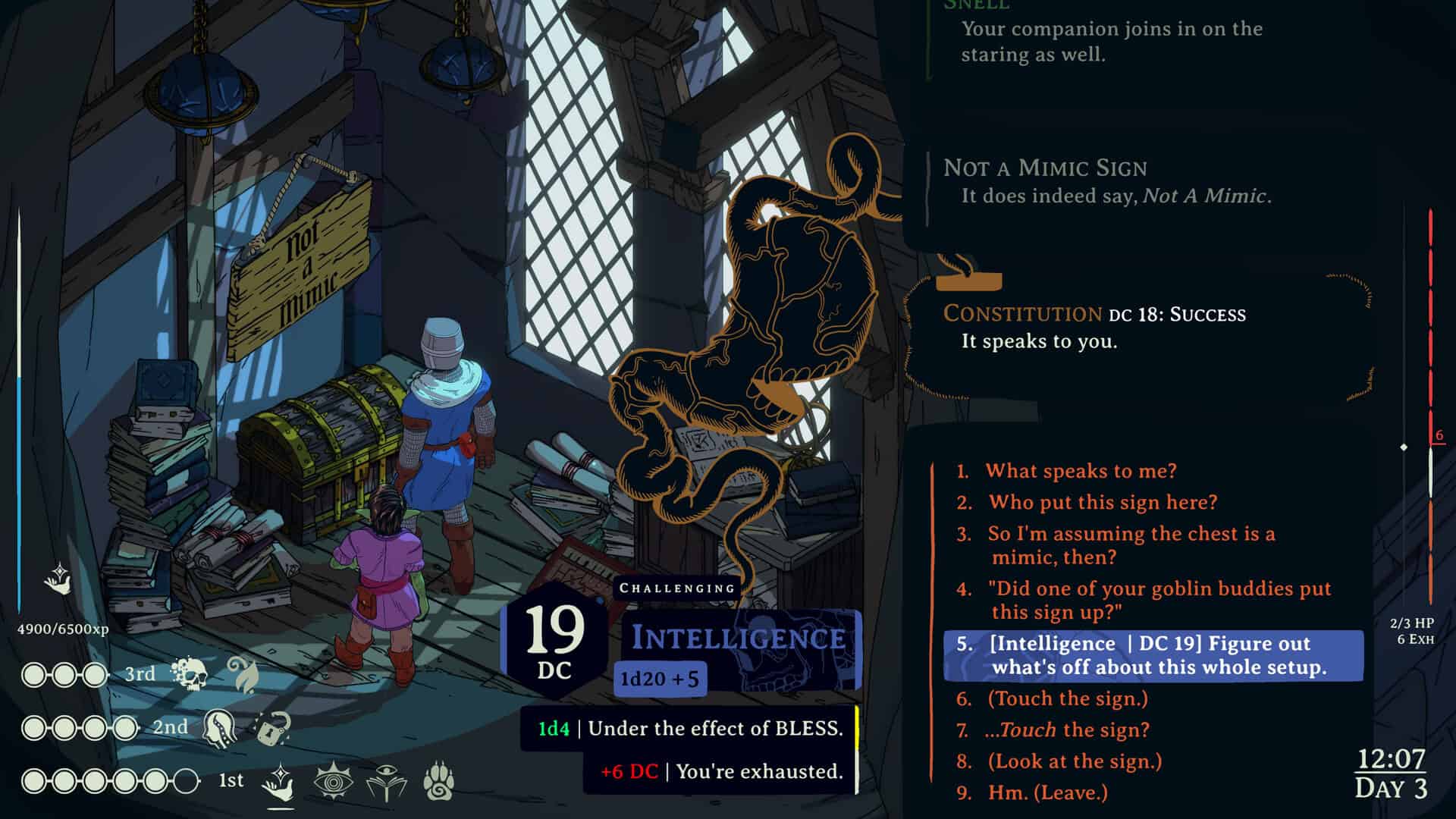 An image of the protagonist knight examining a corner with a chest and sign alongside a goblin