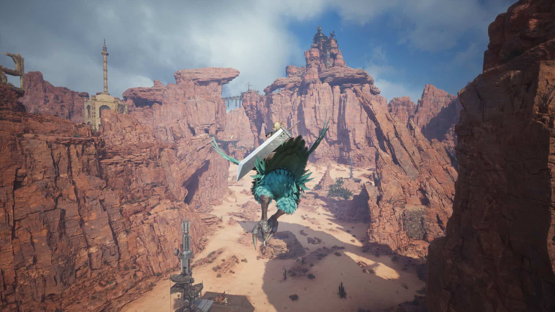 Final Fantasy VII Rebirth Cosmo Canyon screenshot with Cloud flying a chocobo down a rocky valley