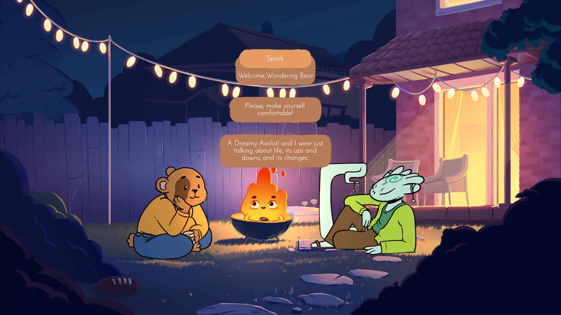Two people, a bear and an axolotl, sit across from each other over a sentient campfire, conversing.