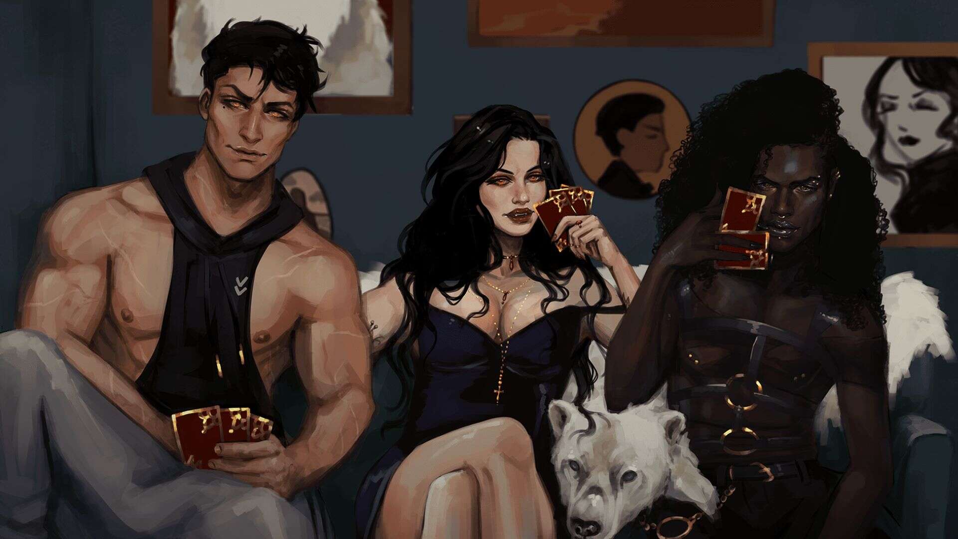 Vampires Ilyas, Valeria, and Laurel seated on a couch playing cards, facing the viewer.