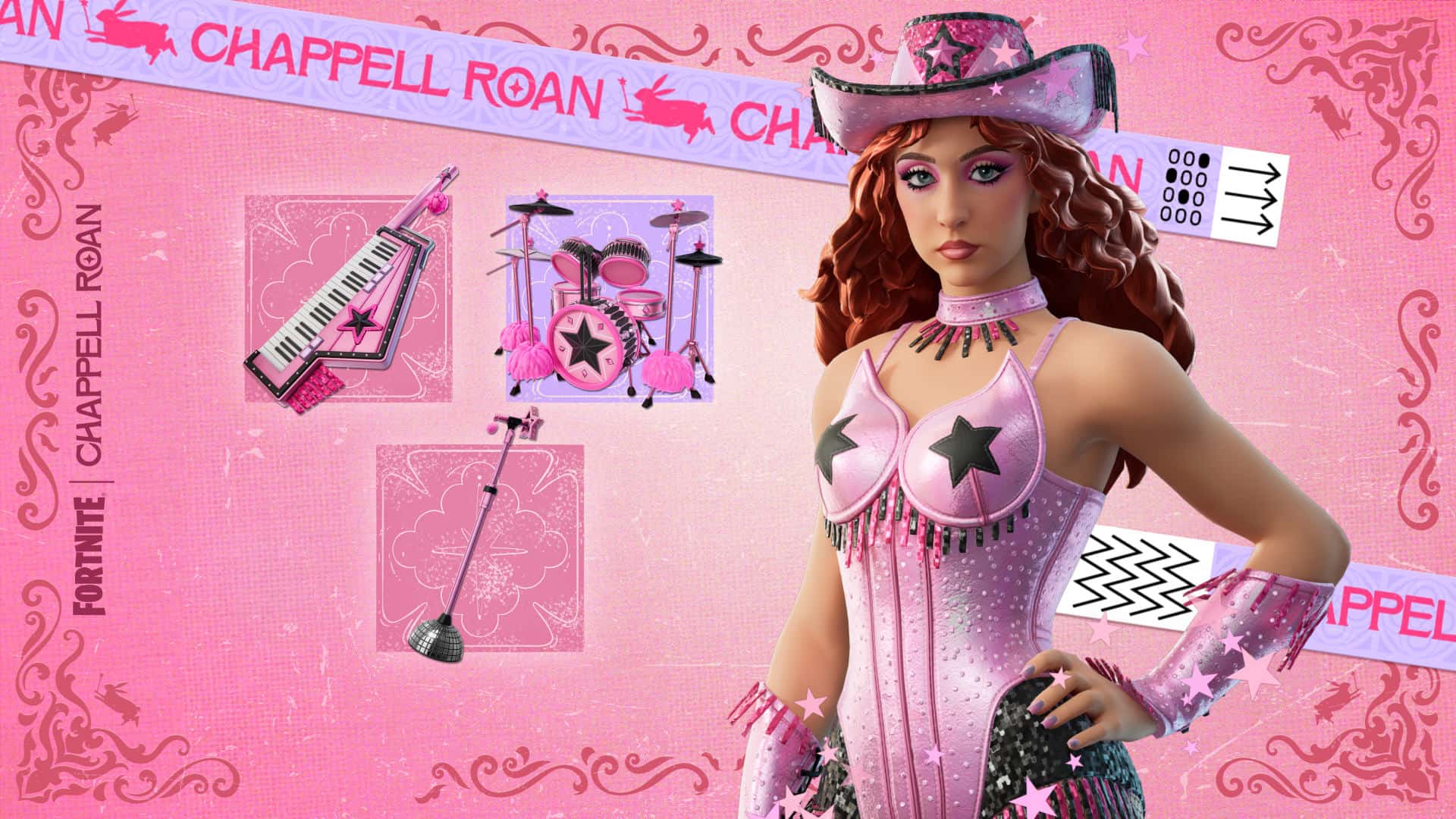 Fortnite Festival Heartcore Music Pass contents with Chappell Roan wearing a pink bodysuit, with two stars on the chest and a pink cowboy hat.