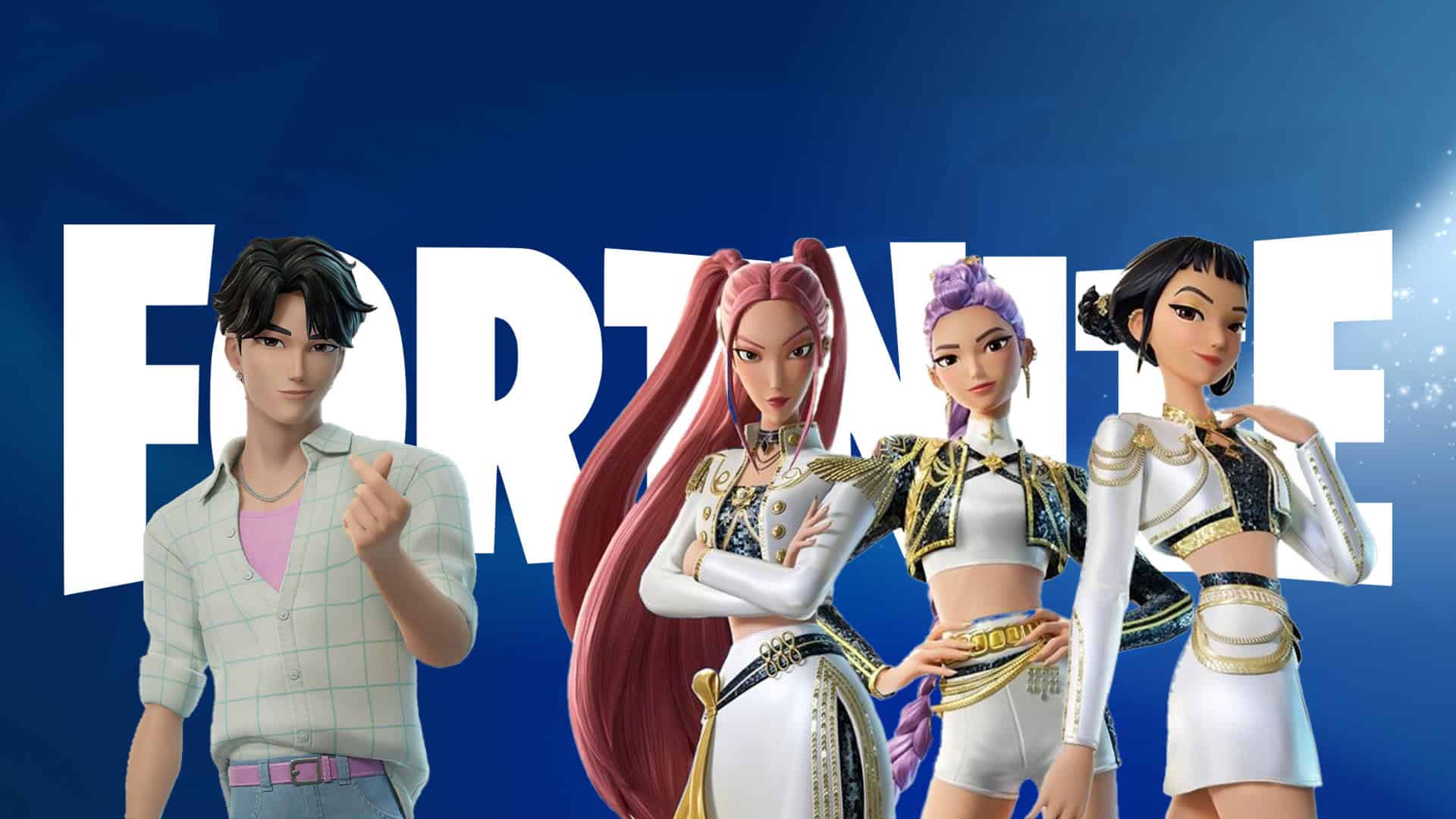 Fortnite KPop Demon Hunters Wave 2 showcase with Jinu and the Huntrix girls in their Golden music video outfits in front of the Fortnite logo
