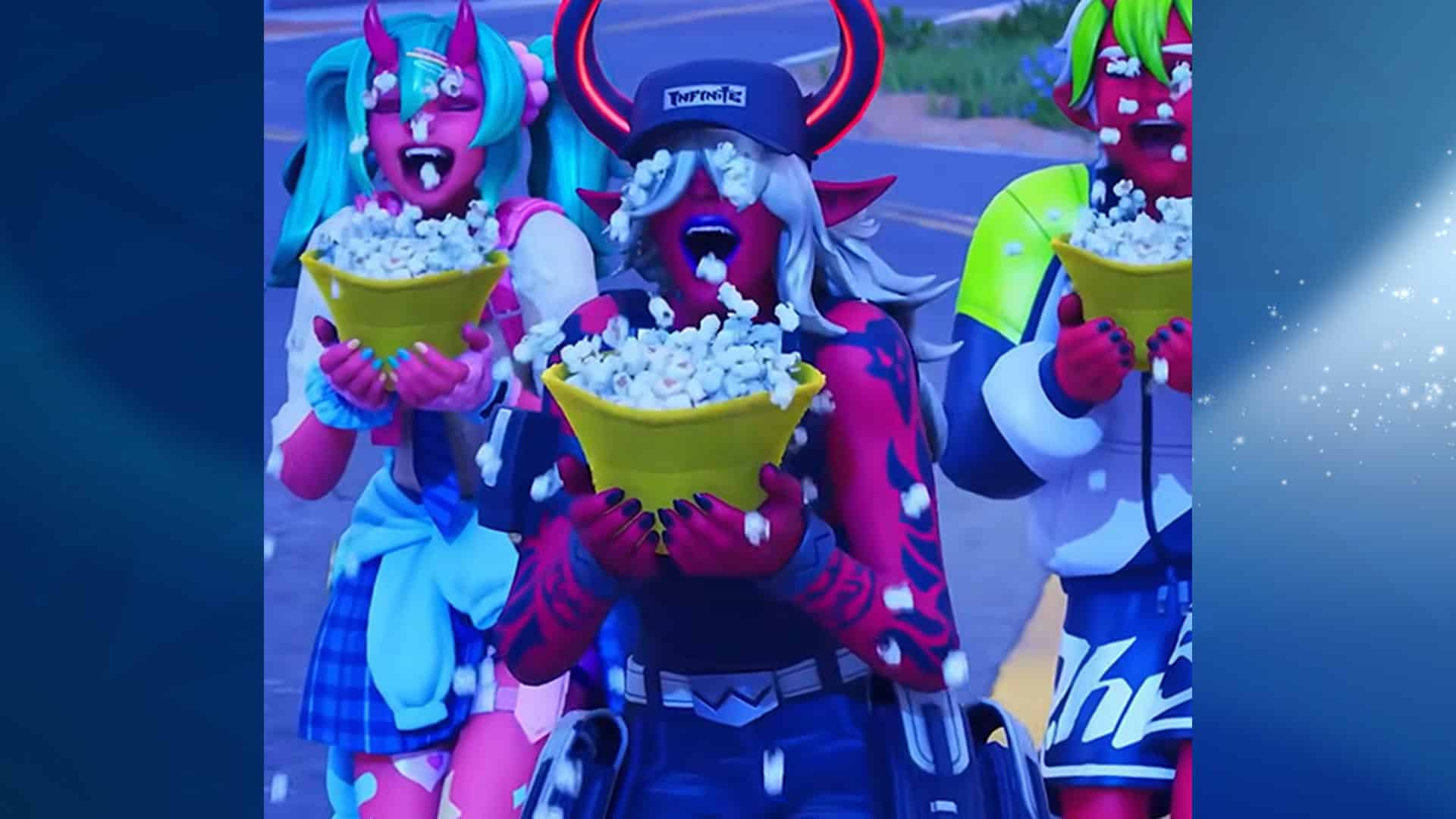 Fortnite KPop Demon Hunters collaboration screenshot showing three demon characters eyes flowing with popcorn into a bowl