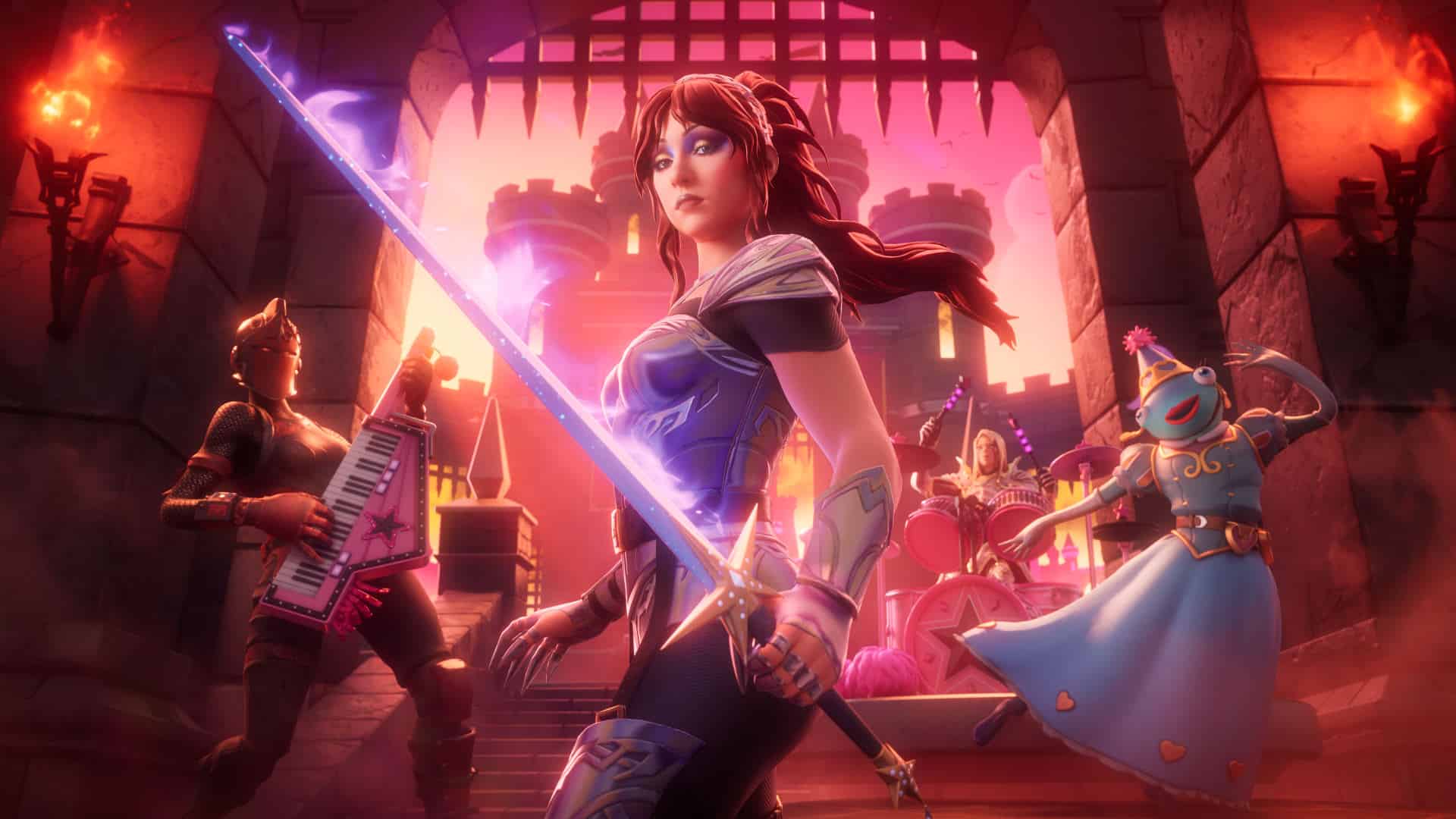 Fortnite key art showing the Roan of Arc cosmetic for Chappell Roan dressed as a knight with a longsword, surrounded by a princess fish, knight playing a keytar and medieval-clad woman on the drums.