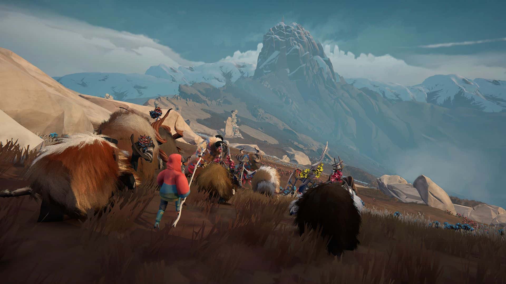 A boy herding a group of mythical cow-like creatures towards a far off mountain.