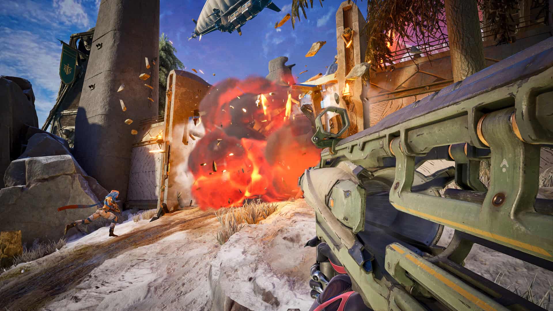 Highguard screenshot showing an explosion of a wall with the player holding a rocket launcher