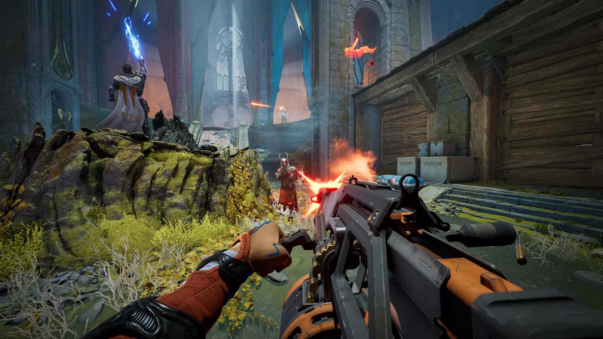 Highguard screenshot showing a character shooting a large machine gun towards a red-horned character