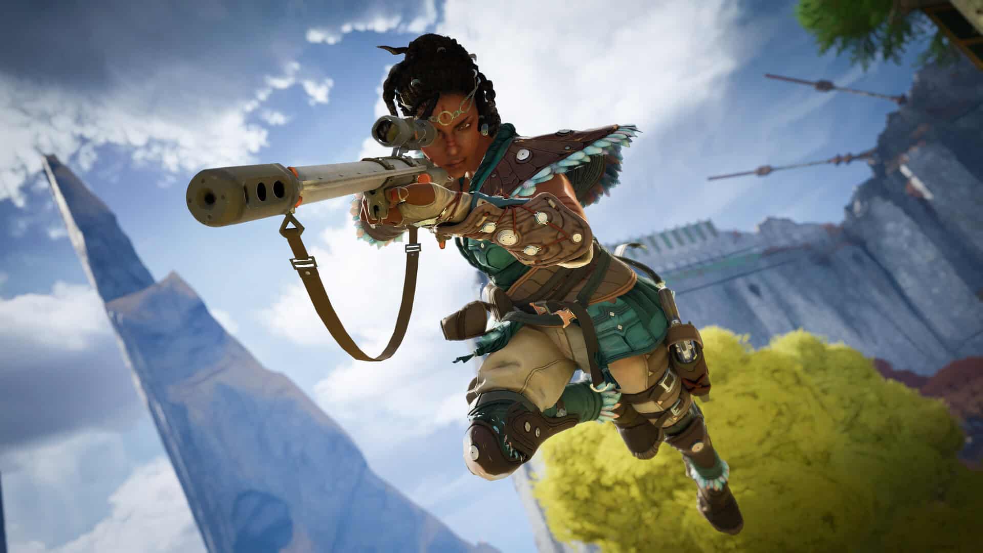 Highguard sniper character leaping through the air and aiming